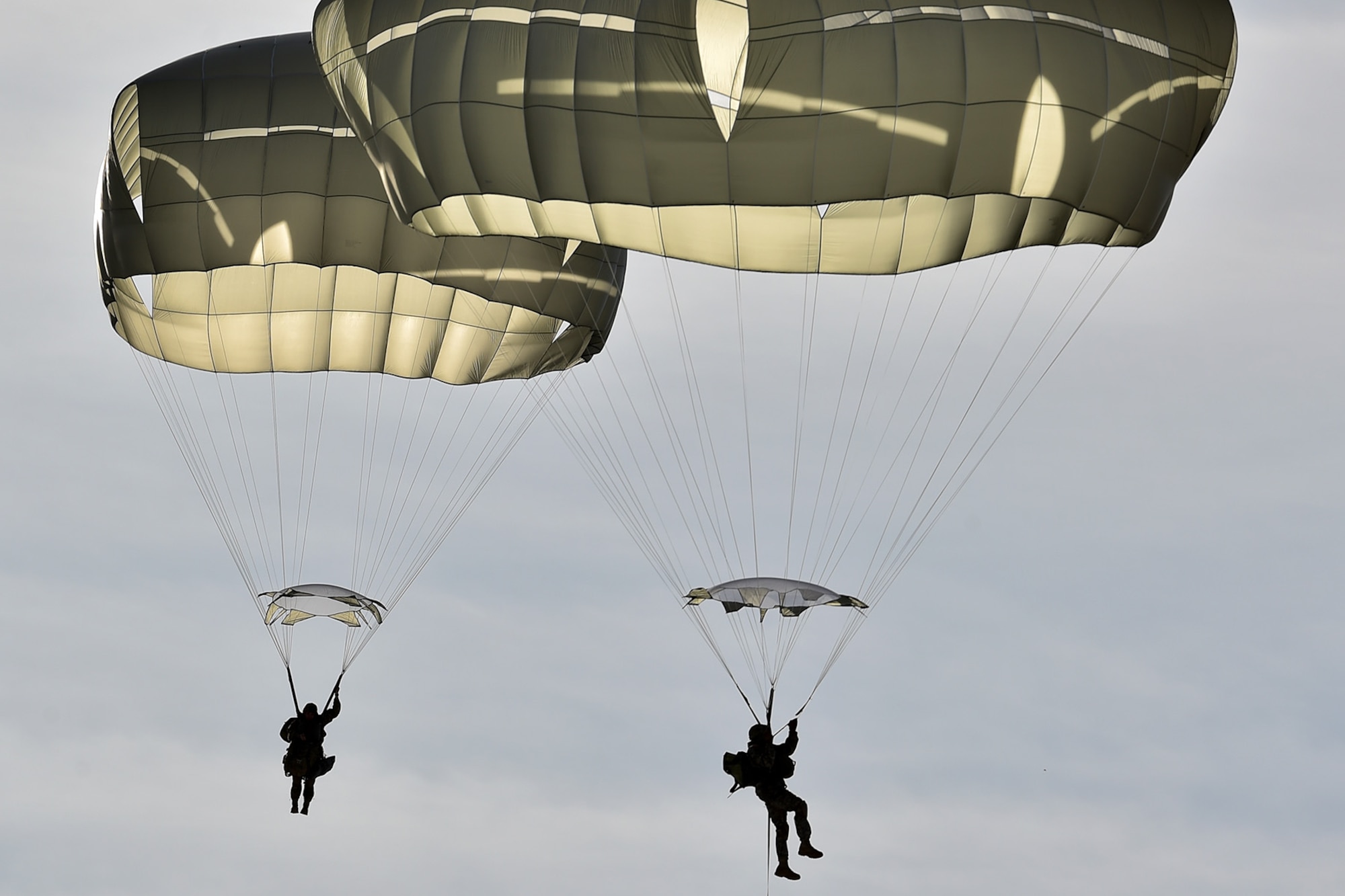 U.S. Army paratroopers assigned to the 4th Infantry Brigade Combat Team (Airborne), 25th Infantry Division, U.S. Army Alaska, execute an airborne training jump from a CH-47 Chinook helicopter on Malemute drop zone at Joint Base Elmendorf-Richardson, Alaska, Thursday, Nov. 3, 2016. The Soldiers of 4/25 IBCT belong to the only American airborne brigade in the Pacific and are trained to execute airborne maneuvers in extreme cold weather/high altitude environments in support of combat, partnership and disaster relief operations.