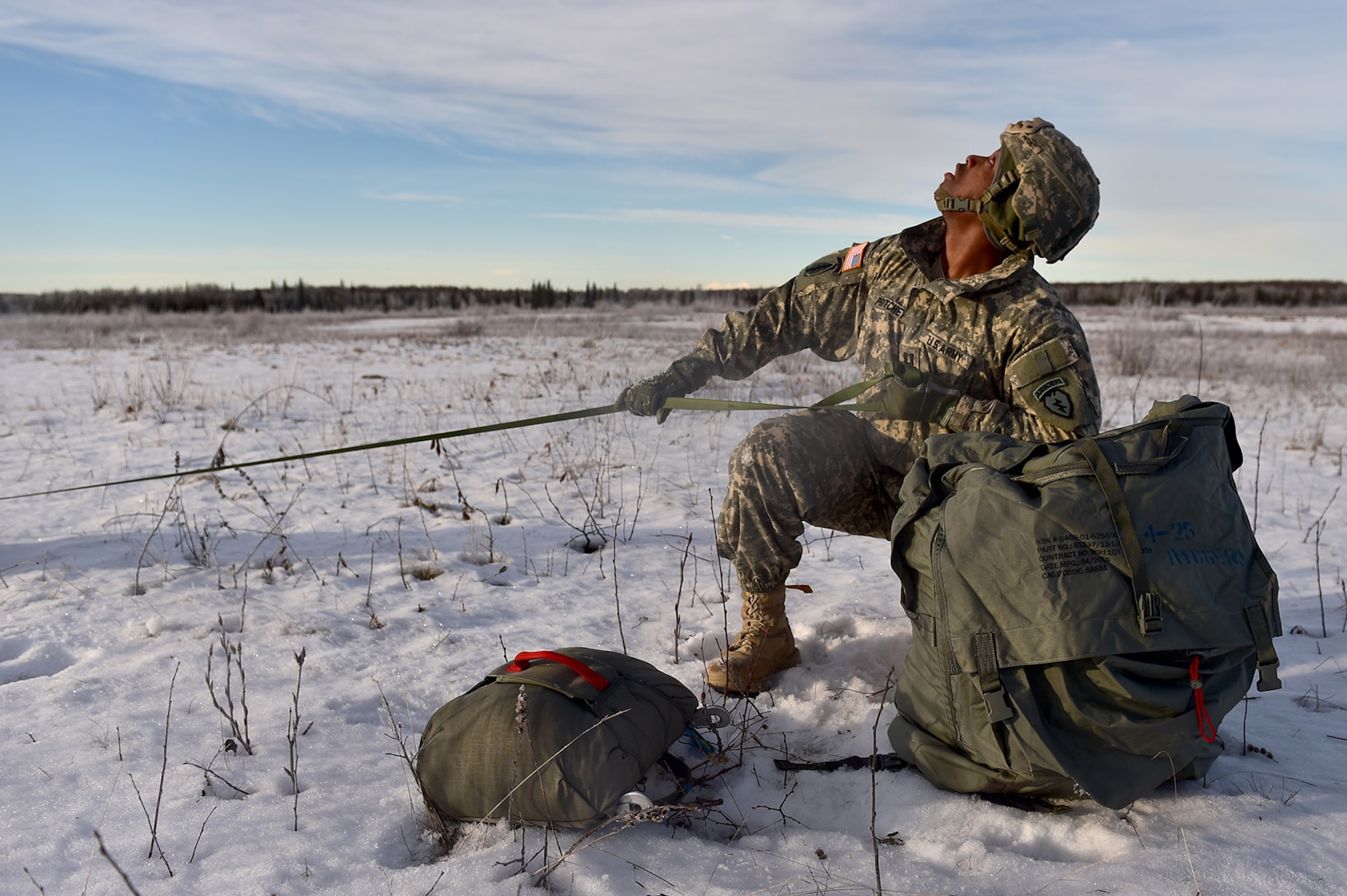 U.S. Army Capt. Jelani Pritchett, Clarksville, Tenn., assigned to Headquarters and Headquarters Company, 725th Brigade Support Battalion (Airborne), 4th Infantry Brigade Combat Team (Airborne), 25th Infantry Division, U.S. Army Alaska, looks skyward as fellow paratroopers execute an airborne training jump from a CH-47 Chinook helicopter on Malemute drop zone at Joint Base Elmendorf-Richardson, Alaska, Thursday, Nov. 3, 2016. The Soldiers of 4/25 IBCT belong to the only American airborne brigade in the Pacific and are trained to execute airborne maneuvers in extreme cold weather/high altitude environments in support of combat, partnership and disaster relief operations. 