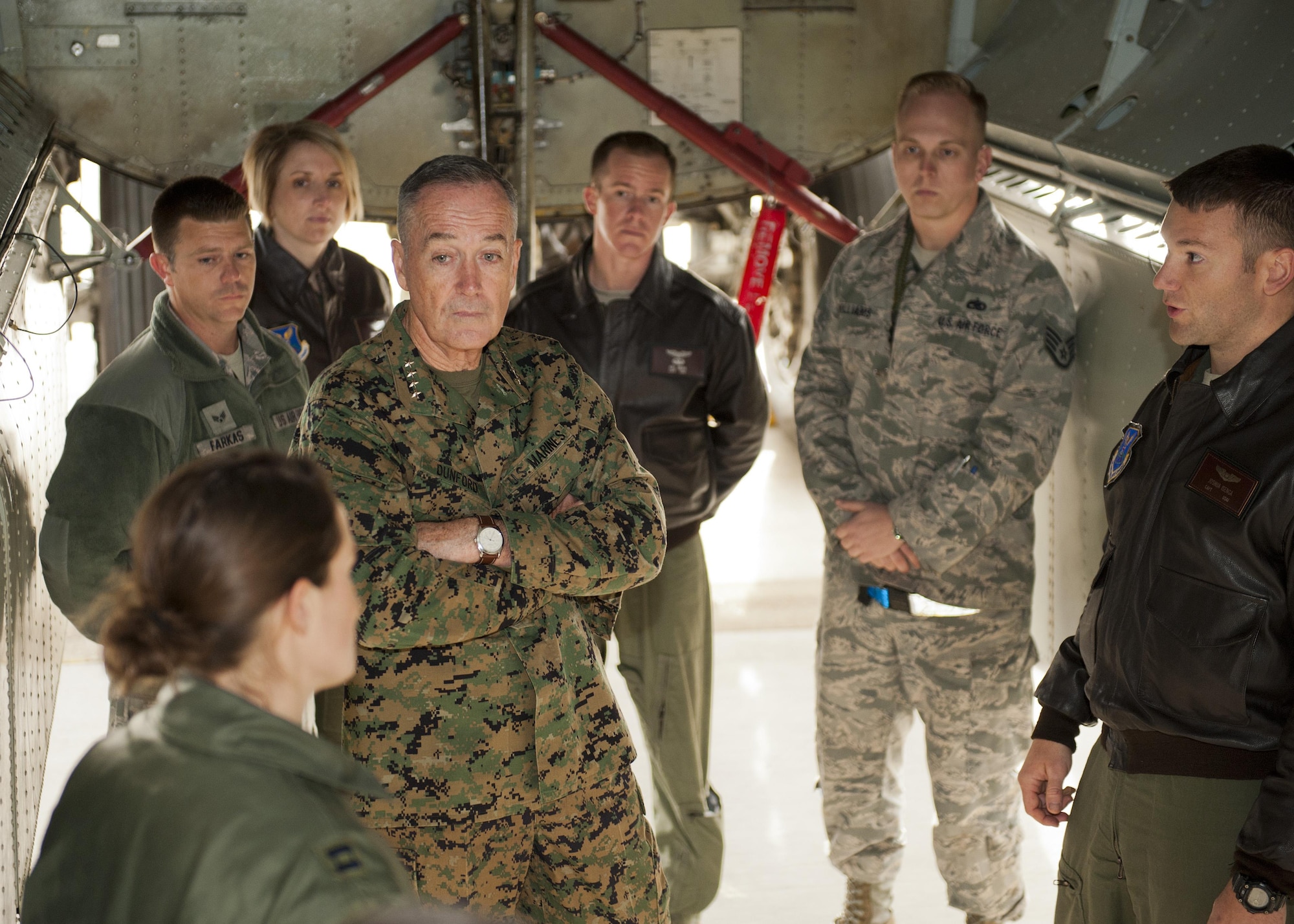 U.S. Marine Corps Gen. Joseph Dunford, chairman of the Joint Chiefs of Staff, listens to Team Minot members at Minot Air Force Base, N.D., Nov. 2, 2016. During Dunford’s tour, he was briefed by Airmen about the B-52H Stratofortress’ weapons capabilities. (U.S. Air Force photo/Airman 1st Class J.T. Armstrong)