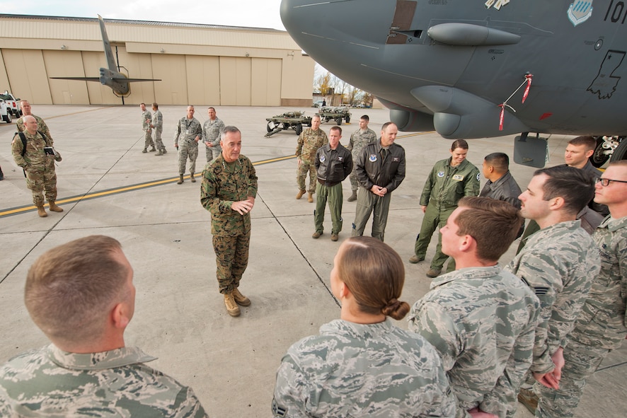 U.S. Marine Corps Gen. Joseph Dunford, chairman of the Joint Chiefs of Staff, speaks to Airmen at Minot Air Force Base, N.D., Nov. 2, 2016. During his visit, Dunford spoke to Airmen about the future of the Air Force and the importance of Minot’s nuclear-capable readiness. (U.S. Air Force photo/Airman 1st Class J.T. Armstrong)