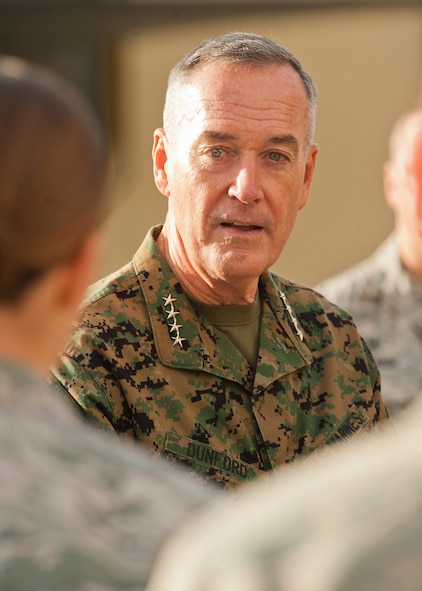 U.S. Marines Corps Gen. Joseph Dunford, chairman of the Joint Chiefs of Staff, speaks Team Minot members at Minot Air Force Base, N.D., Nov. 2, 2016. During his visit, Dunford spoke to Airmen about the future of the Air Force and the importance of Minot’s nuclear-capable readiness. (U.S. Air Force photo/Airman 1st Class J.T. Armstrong)