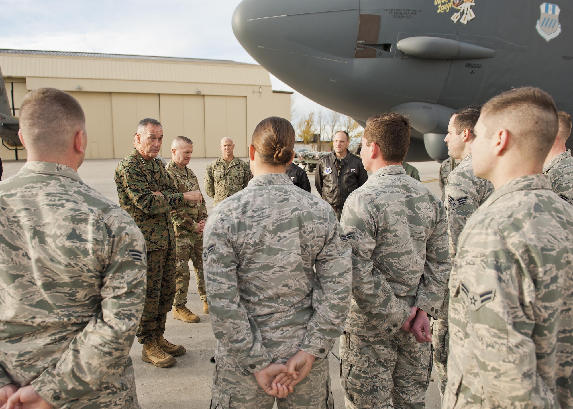 U.S. Marine Corps Gen. Joseph Dunford, chairman of the Joint Chiefs of Staff, speaks to Airmen at Minot Air Force Base, N.D., Nov. 2, 2016. During his visit, Dunford toured various 5th Bomb Wing and 91st Missile Wing’s facilities to learn about their mission and capabilities. (U.S. Air Force photo/Airman 1st Class J.T. Armstrong)