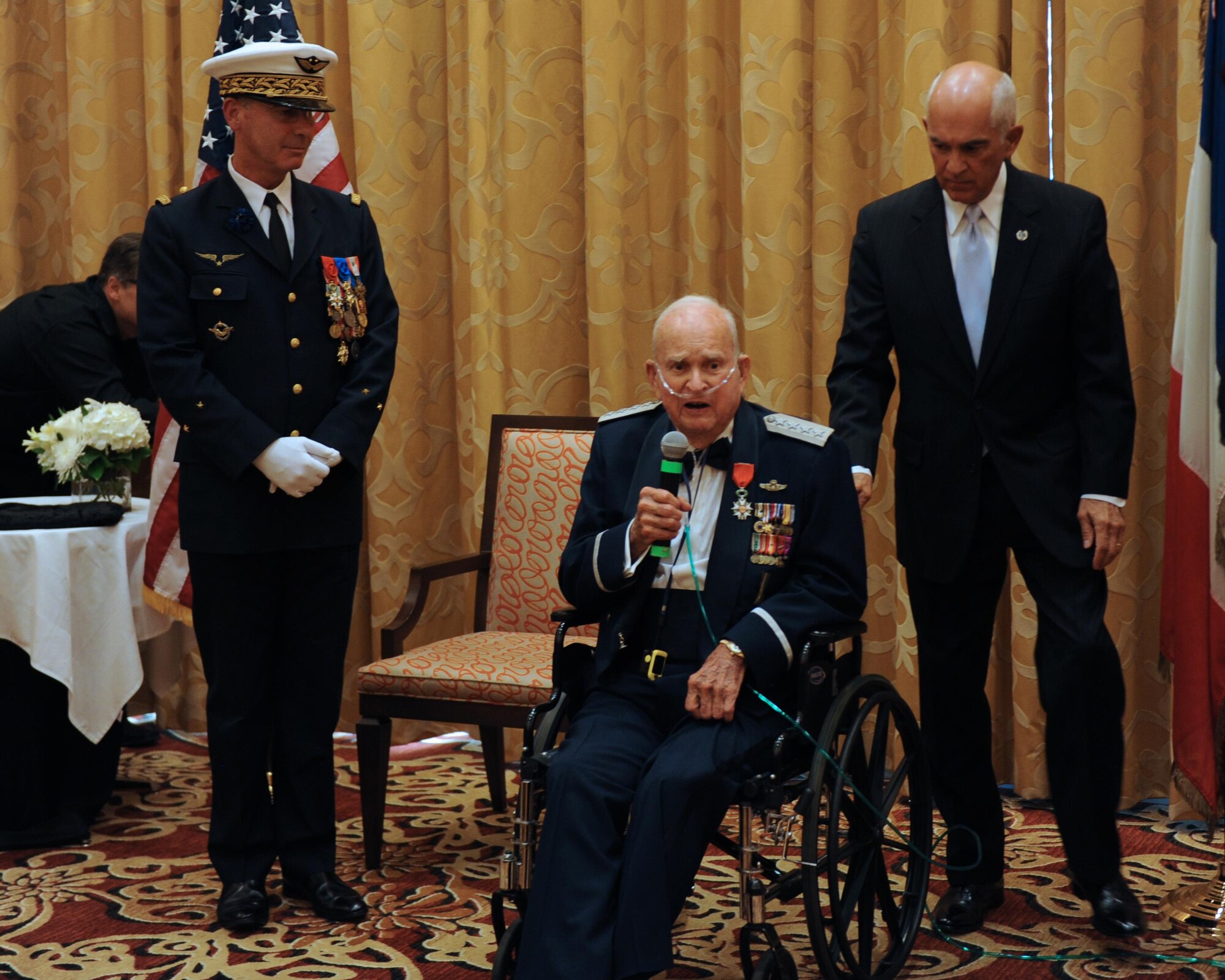Retired Gen. Seth McKee, World War II veteran, speaks after receiving France’s highest honor Oct. 5, 2016 in Scottsdale, Ariz. McKee was also celebrating his 100th Birthday . (U.S. Air Force photo by Airman 1st Class Pedro Mota)