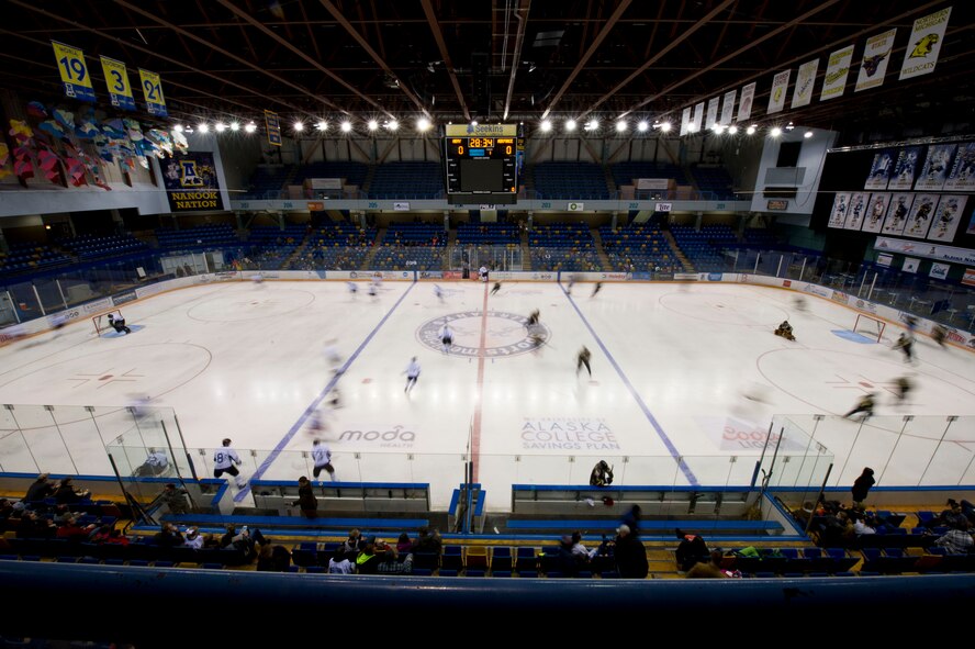 U.S. Airmen and Soldiers from Eielson Air Force Base and Fort Wainwright in Interior Alaska warm-up for the annual Army versus Air Force Hockey game Nov. 5, 2016, in Fairbanks, Alaska. The Army team won the game for the first time in the past five years. (U.S. Air Force photo by Airman Isaac Johnson)

