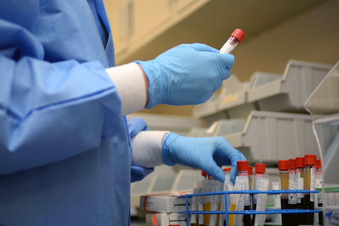 Airman 1st Class Kristen Lowder, a medical laboratory technician assigned to the 28th Medical Support Squadron, prepares blood samples for shipment at Ellsworth Air Force Base, S.D., Nov. 7, 2016. Once the samples have gone through the centrifuge and separated, they are then poured into separate containers to be shipped to other clinics in the local area or Wright-Patterson Air Force Base, Ohio wide for further testing. (U.S. Air Force photo by Airman 1st Class Denise M. Jenson)