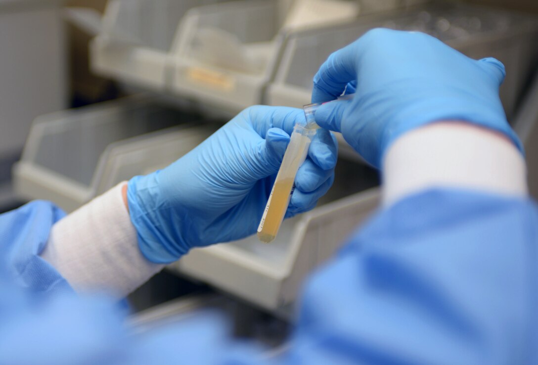 Airman 1st Class Kristen Lowder, a medical laboratory technician assigned to the 28th Medical Support Squadron, prepares blood samples for shipment at Ellsworth Air Force Base, S.D., Nov. 7, 2016. Once the samples have gone through the centrifuge and separated, they are then poured into separate containers to be shipped to other clinics in the local area or Wright-Patterson Air Force Base, Ohio wide for further testing. (U.S. Air Force photo by Airman 1st Class Denise M. Jenson)