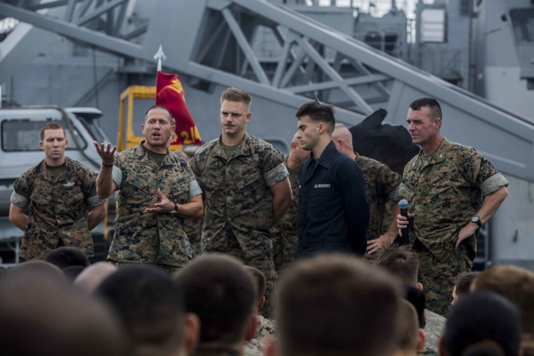 ABOARD USS GERMANTOWN (LSD-42), At Sea, (Sept. 23, 2016) – Sgt. Maj. Max Garcia, Combat Logistics Battalion 31 Sergeant Major, 31st Marine Expeditionary Unit, congratulates his Marines for their hard work during the 31st Marine Expeditionary Unit's fall patrol, aboard the USS Germantown (LSD 42), Sept.23, 2016. The 31st MEU is the Marine Corps’ only continuously forward-deployed Marine Air-Ground Task Force, and is task-organized to address a range of military operations in the Asia-Pacific region, from force projection and maritime security to humanitarian assistance and disaster relief. (U.S. Marine Corps photo by Lance Cpl. Jorge A. Rosales/released) 
