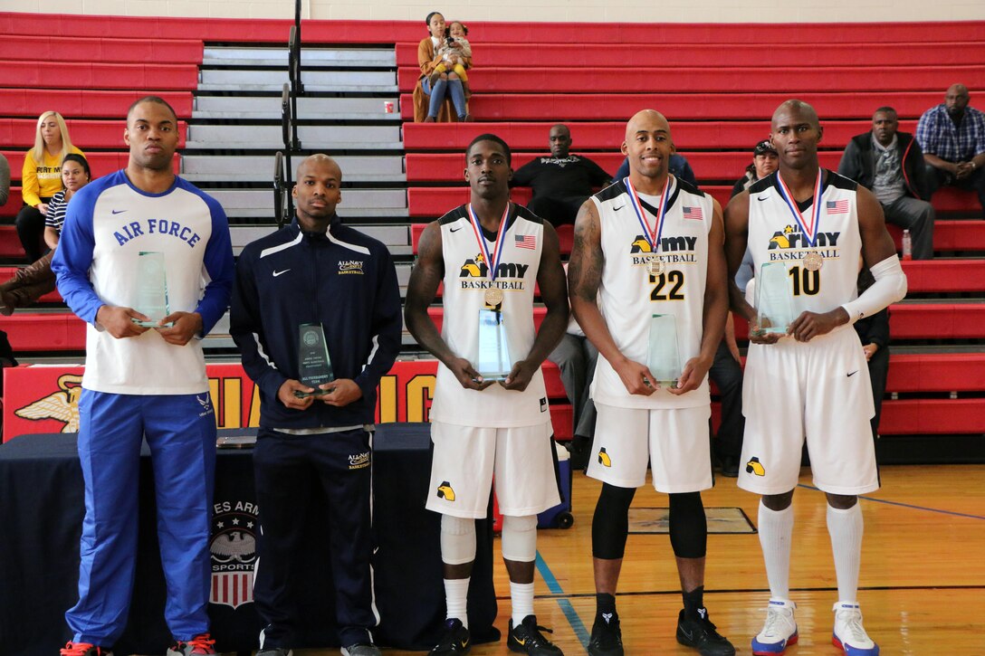 All-Tournament Team.  The 2016 Armed Forces Men's Basketball Championship held at MCB Quantico, Va. from 1-7 November.  From left to right: 
SrA Jahmal Lawson - USAF; PO3 Derick Sumpter - Coast Guard; SPC Marcus Heath - Army; SPC Derell Henderson - Army; SPC Mamadou Seck - Army