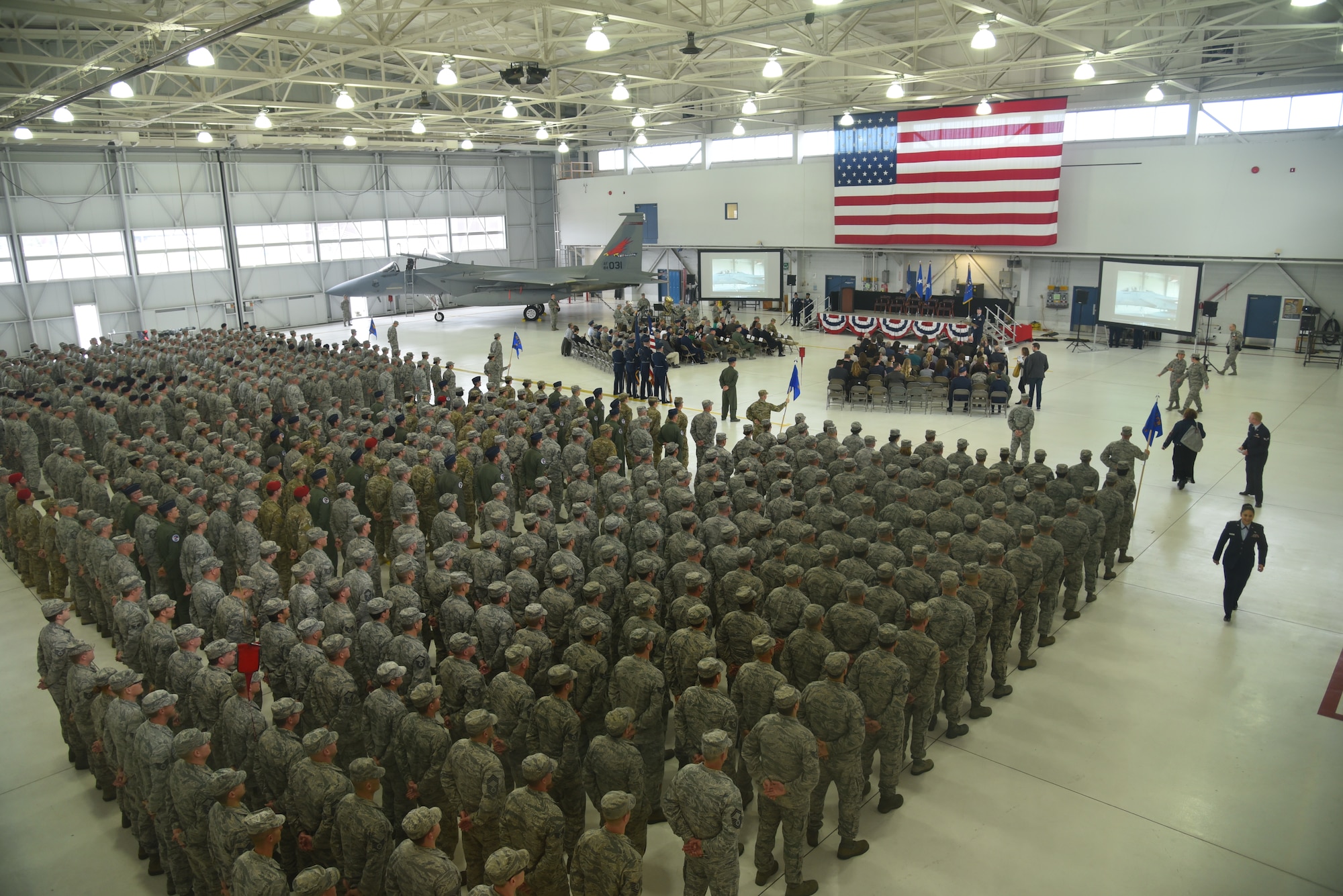 Oregon Air National Guard members of the 142nd Fighter Wing are assembled prior to the start of the unit's Change of Command ceremony held Nov. 6, 2016, Portland Air National Guard Base, Ore. (U.S. Air National Guard photograph by Senior Master Sgt. Shelly Davison, 142nd Fighter Wing Public Affairs)