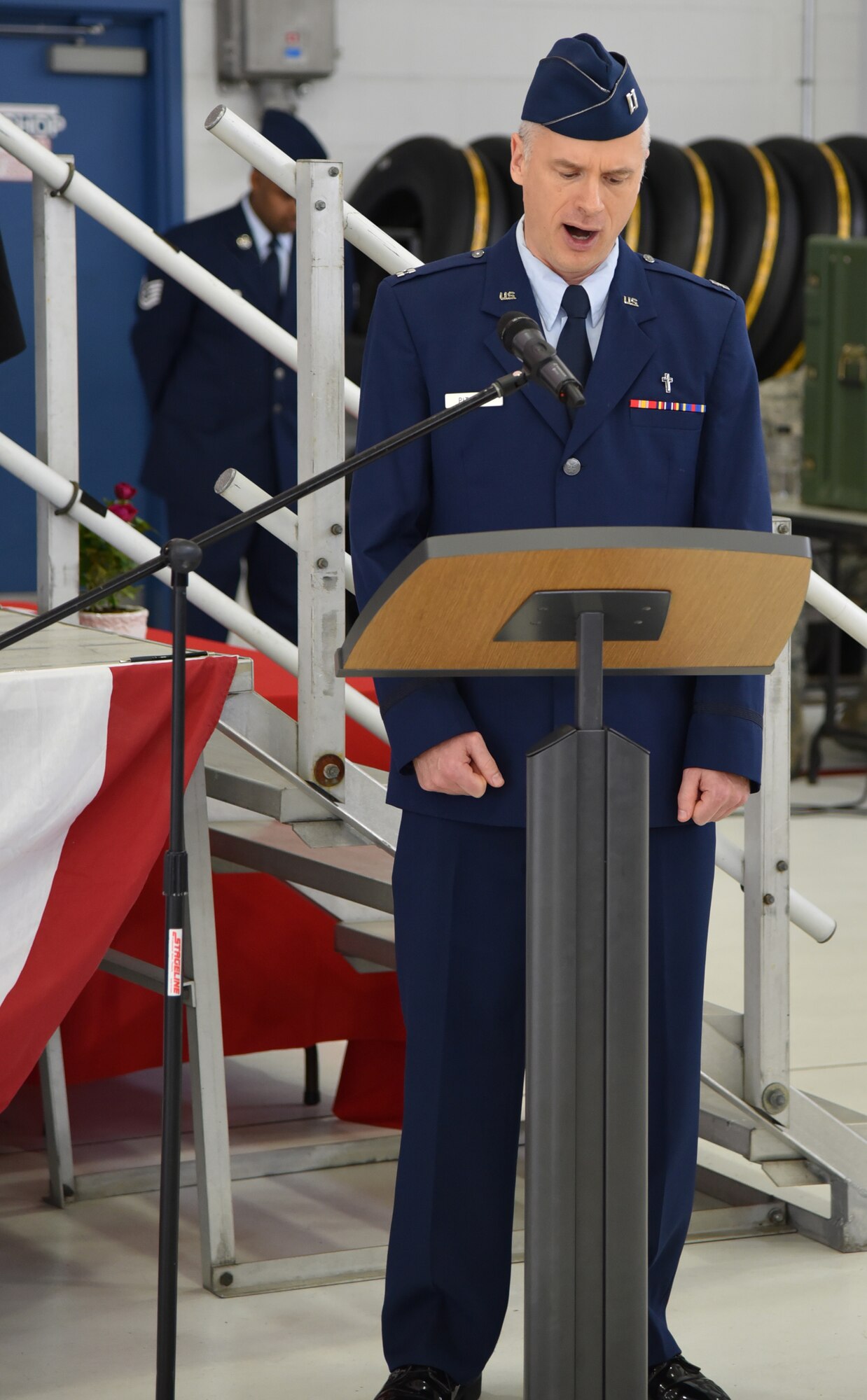 Oregon Air National Guard Chaplain Rory K. Pitstick delivers the invocation during the 142nd Fighter Wing Change of Command ceremony held Nov. 6, 2016, Portland Air National Guard Base, Ore. (U.S. Air National Guard photograph by Staff Sgt. Brandon Boyd, 142nd Fighter Wing Public Affairs)