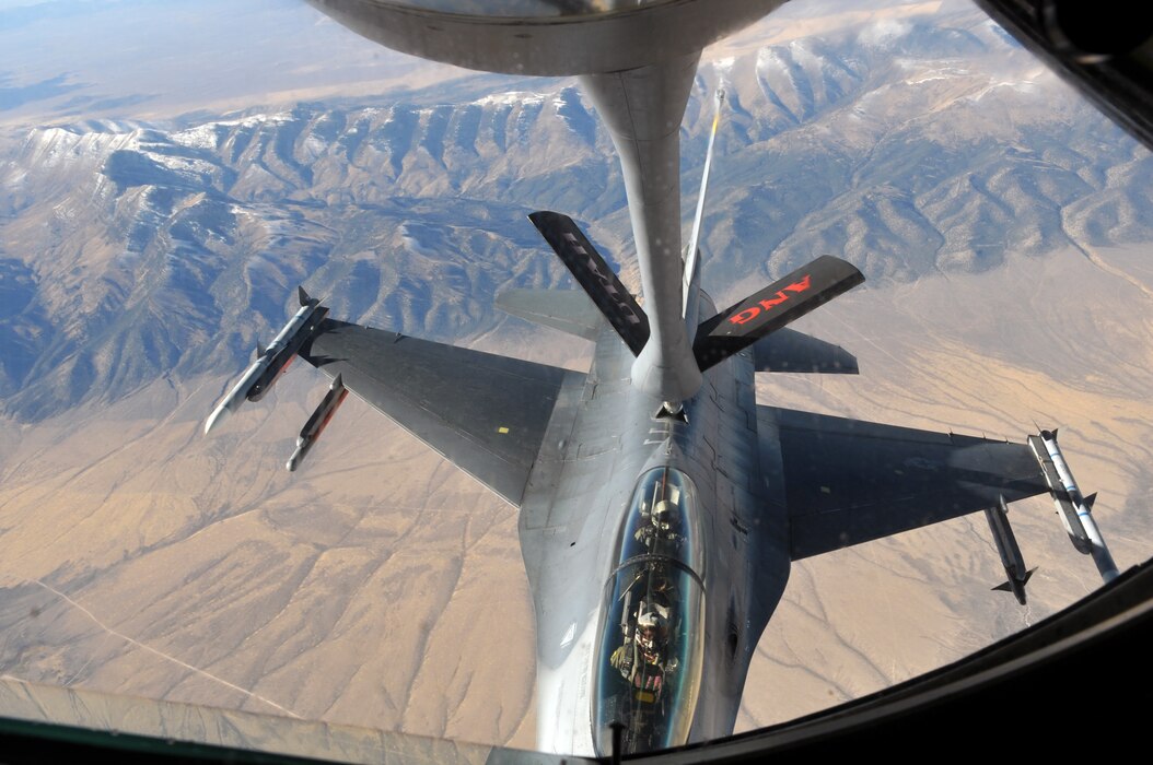A Utah Air National Guard KC-135 Stratotanker refuels an F-16 from Hill Air Force Base, during a civic leader orientation flight on Nov. 3, 2016. Community guests participated in an air refueling sortie designed to educate the group on the 151st Air Refueling Wing’s mission and capabilities. (U.S. Air National Guard photo by Staff Sgt. Annie Edwards/Released)