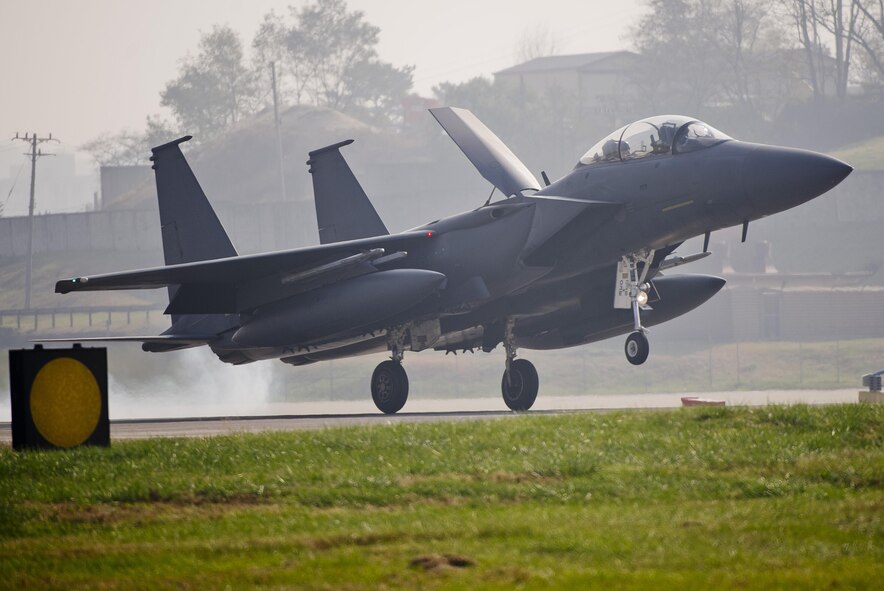 A Republic of Korea air force F-15K Slam Eagle lands during Invincible Shield on Osan Air Base, Republic of Korea, Nov. 8, 2016. Invincible Shield is an exchange designed to improve the interoperability between the Republic of Korea, United States and the United Kingdom.  (U.S. Air Force photo by Staff Sgt. Jonathan Steffen)