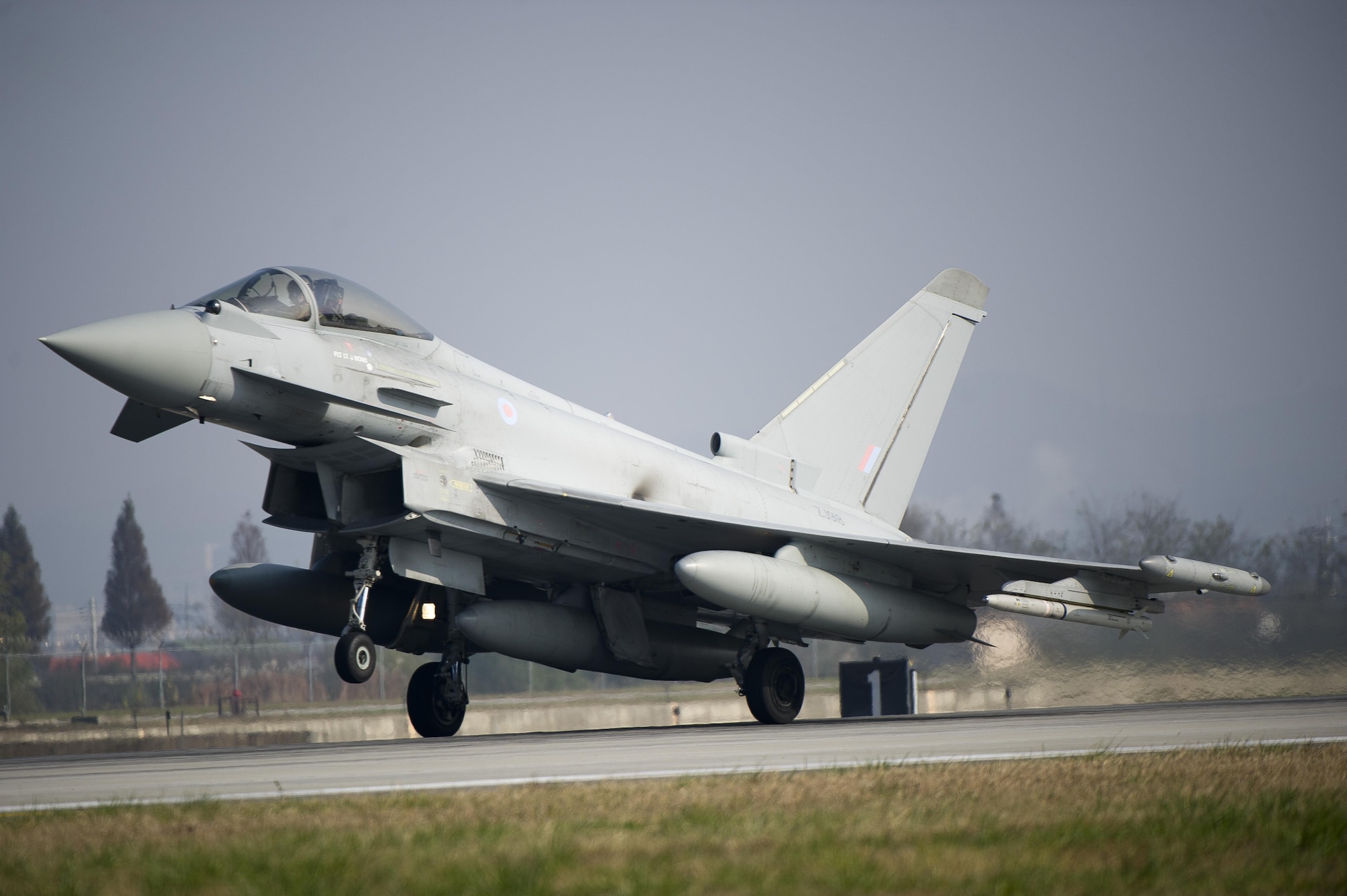 A United Kingdom Royal Air Force Typhoon FGR4 lands during Invincible Shield on Osan Air Base, Republic of Korea, Nov. 8, 2016. The intent of Invincible Shield is to bolster the strong partnership between the RoK, the United States and the United Kingdom while improving the combat capability in the Pacific region. (U.S. Air Force photo by Staff Sgt. Jonathan Steffen)