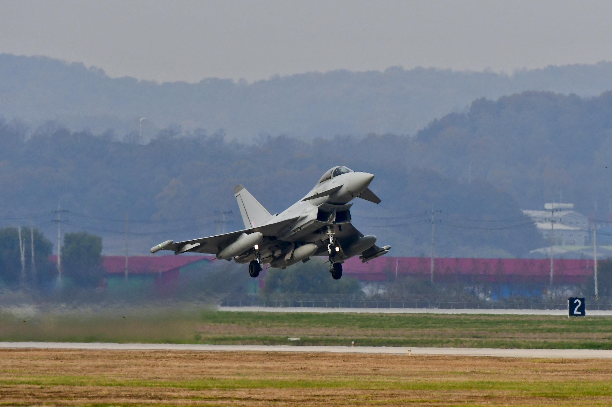 A Royal Air Force Eurofighter Typhoon FRG4 takes off at Osan Air Base, Republic of Korea, Nov. 7, 2016. The RAF deployed the largest number of assets on the Korean Peninsula since the Korean War during Invincible Shield, an interoperability exchange, from Nov. 1 – 10. (U.S. Air Force photo by Senior Airman Victor J. Caputo)