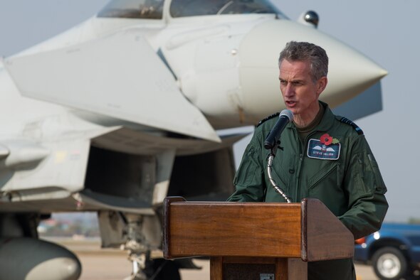 United Kingdom Air Chief Marshal Sir Stephen Hillier, Royal Air Force chief of air staff, speaks during a media event for Invincible Shield, an interoperability exchange, at Osan Air Base, Republic of Korea, Nov. 8, 2016. The RAF, U.S. and ROK air forces participated in Invincible Shield, which marked the first time the RAF has fielded aircraft on the Korean Peninsula since the Korean War. (U.S. Air Force photo by Senior Airman Dillian Bamman)