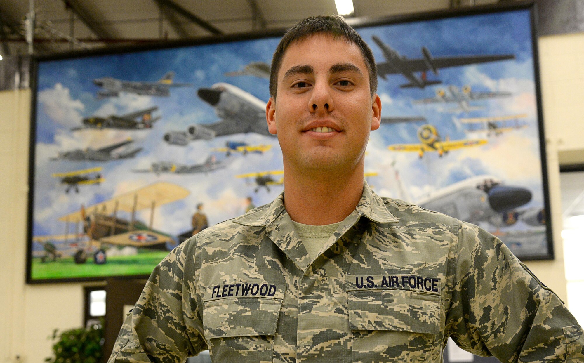 U.S. Air Force Staff Sgt. William Fleetwood, 95th Reconnaissance Squadron aerospace maintenance craftsman, poses for a photograph Nov. 3, 2016, on RAF Mildenhall, England. Fleetwood earned the SquareD Spotlight for exhibiting the Air Force core value, Service Before Self. (U.S. Air Force photo by Senior Airman Justine Rho)