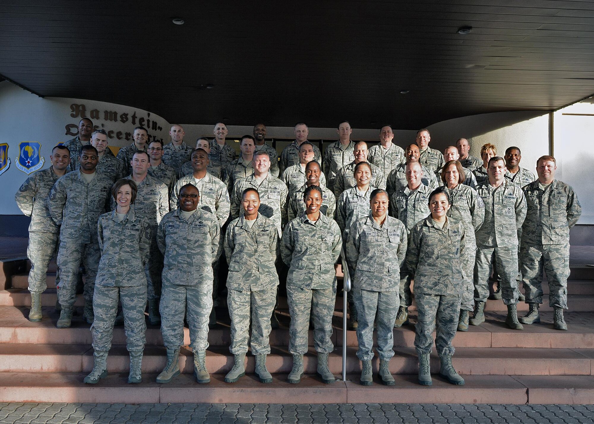 Attendees from the Chiefs’ Business Symposium pose for a photo at Ramstein Air Base, Germany, Nov. 2, 2016. The event gave chiefs from United States Air Forces in Europe the chance to share perspectives and communicate in open discussions as a way to develop each other. (U.S. Air Force photo by Senior Airman Jimmie D. Pike)