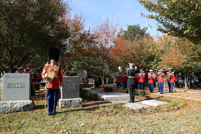 On Nov. 6, 2016, the Marine Band performed at John Philip Sousa's grave at Congressional Cemetery in Washington, D.C. in honor of the composer's 162nd birthday. (U.S. Marine Corps photo by Gunnery Sgt. Rachel Ghadiali/released)