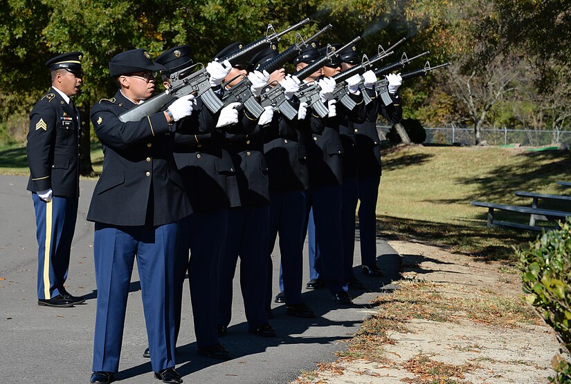 The 7th Transportation Brigade (Expeditionary) Ceremonial Firing Squad renders military honors for William J. Franssen, Sr. during an unveiling ceremony at Joint Base Langley-Eustis, Va., Nov. 8, 2016. Franssen served two years in the U.S. Army from 1967 to 1969. (U.S. Air Force photo by Staff Sgt. Teresa J. Cleveland)