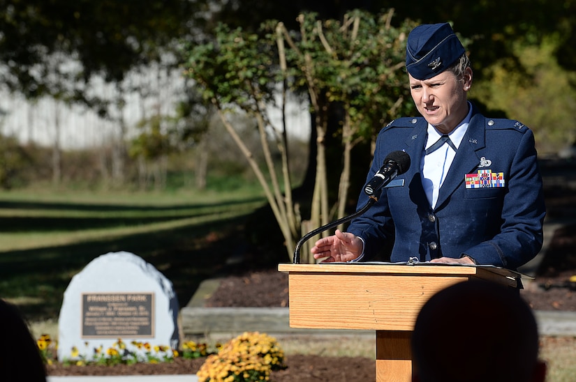 U.S. Air Force Col. Caroline Miller, 633rd Air Base Wing commander, speaks to friends and family of William J. Franssen, Sr. during an unveiling ceremony at Joint Base Langley-Eustis, Va., Nov. 8, 2016. Franssen worked within Morale, Welfare and Recreation programs at Fort Story, Fort Eustis and Fort Monroe, Va. before passing away in 2010. (U.S. Air Force photo by Staff Sgt. Teresa J. Cleveland)