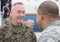 U.S. Marine Corps Gen. Joseph F. Dunford Jr., chairman of the Joint Chiefs of Staff, is greeted by Chief Master Sgt. John Burks, 91st Missile Wing command chief, at Minot Air Force Base, N.D., Nov. 2, 2016. Dunford toured various 5th Bomb Wing and the 91st MW’s facilities to learn about their mission and capabilities. (U.S. Air Force photos/Airman 1st Class Jessica Weissman)