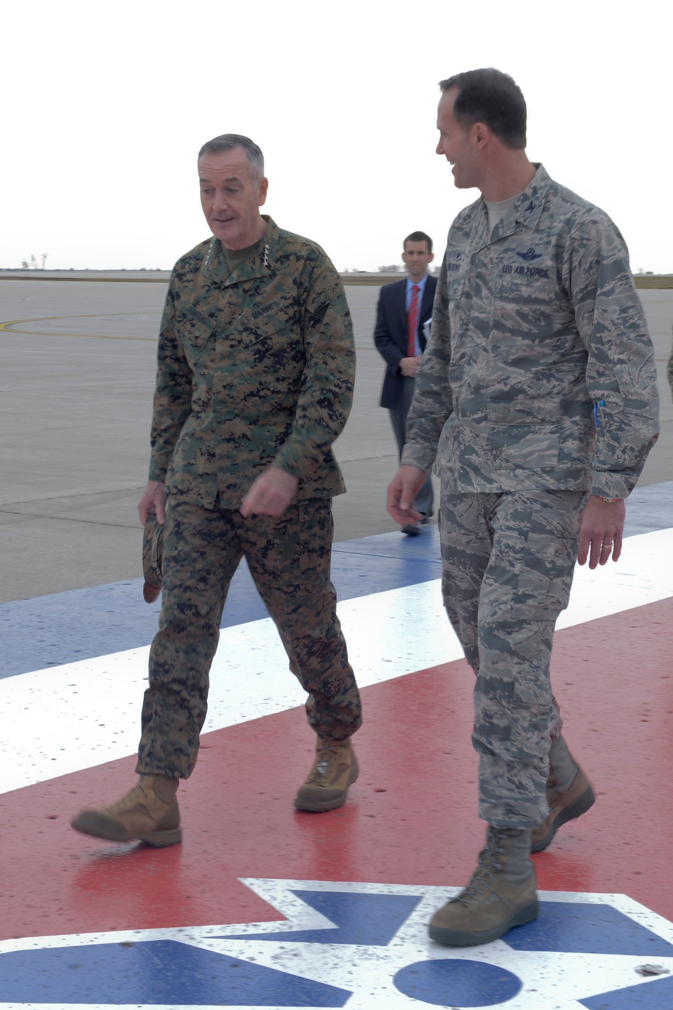 U.S. Marine Corps Gen. Joseph F. Dunford Jr., chairman of the Joint Chiefs of Staff, talks with Col. Matthew Brooks, 5th Bomb Wing commander, at Minot Air Force Base, N.D., Nov. 2, 2016. Dunford toured various 5th Bomb Wing and the 91st MW’s facilities to learn about their mission and capabilities. (U.S. Air Force photos/Airman 1st Class Jessica Weissman)