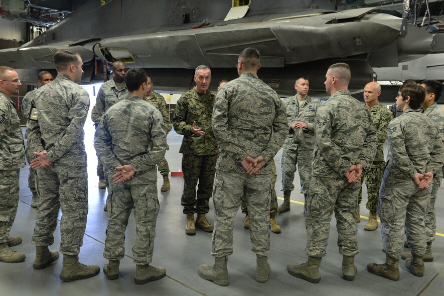 U.S. Marine Corps Gen. Joseph F. Dunford Jr., chairman of the Joint Chiefs of Staff, talks with Airmen at Minot Air Force Base, N.D., Nov. 2, 2016. Dunford visited Airmen and spoke about the importance of maintaining a competitive advantage over our adversaries.  (U.S. Air Force photos/Airman 1st Class Jessica Weissman)