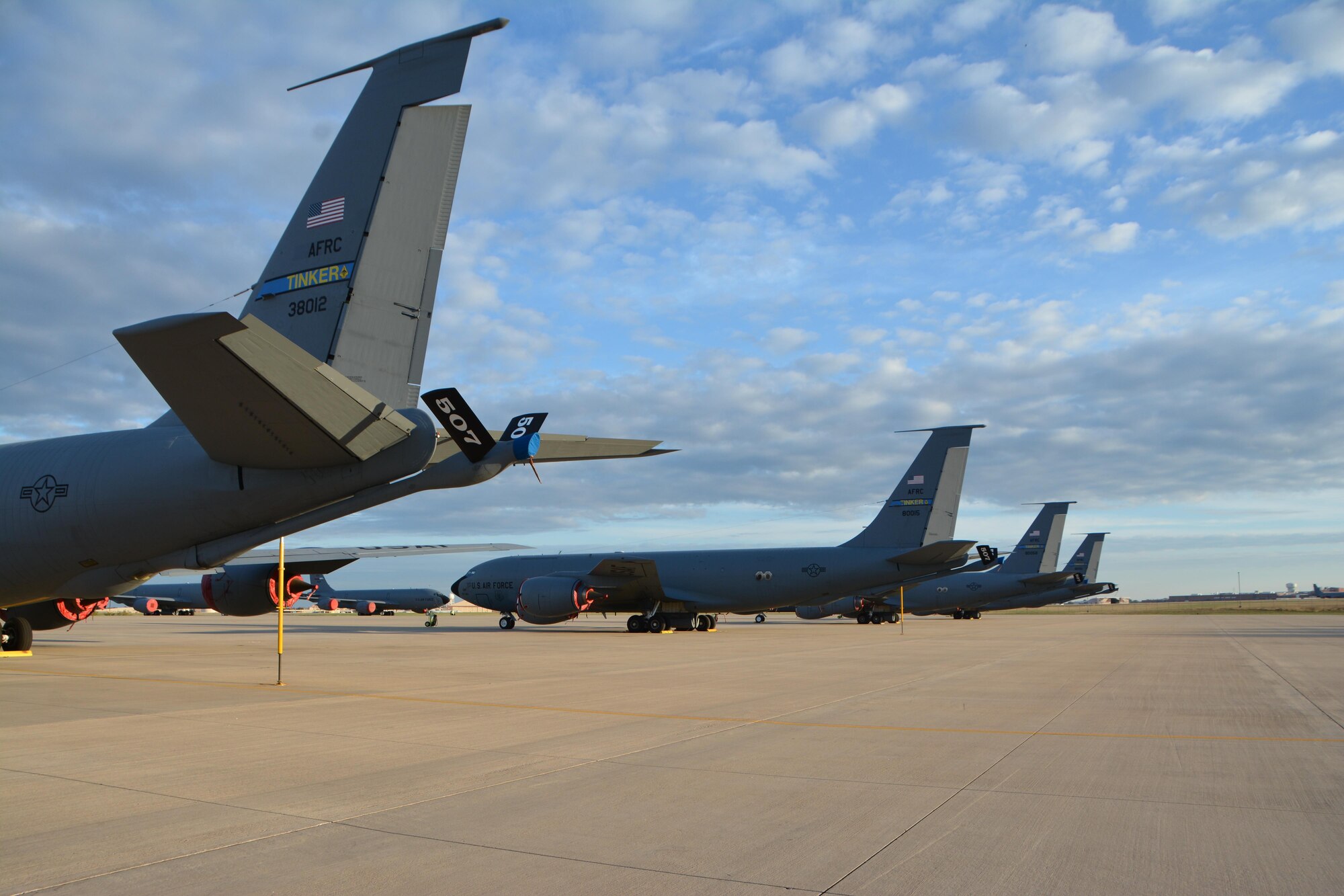 A row of KC-135 Stratotankers sit on the Reserve Ramp at Tinker Air Force Base, Oklahoma, Nov, 6, 2016. Citizen Airmen in the 507th Air Refueling Wing prepared these jets for alert air refueling support during exercise Global Thunder 17.  Exercise Global Thunder provides training opportunities for USSTRATCOM components, task forces, units and command posts to deter and, if necessary, defeat a military attack against the United States and to employ forces as directed by the President. (U.S. Air Force photo /Tech. Sgt. Charles Taylor/Released) 