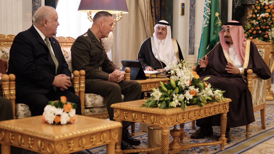 Marine Corps Gen. Joe Dunford meets with King Salman bin Abdulaziz al-Saud in Riyadh, Saudi Arabia, Nov. 8, 2016. Dunford is traveling to Turkey and Saudi Arabia to discuss counter-ISIL efforts. DoD photo