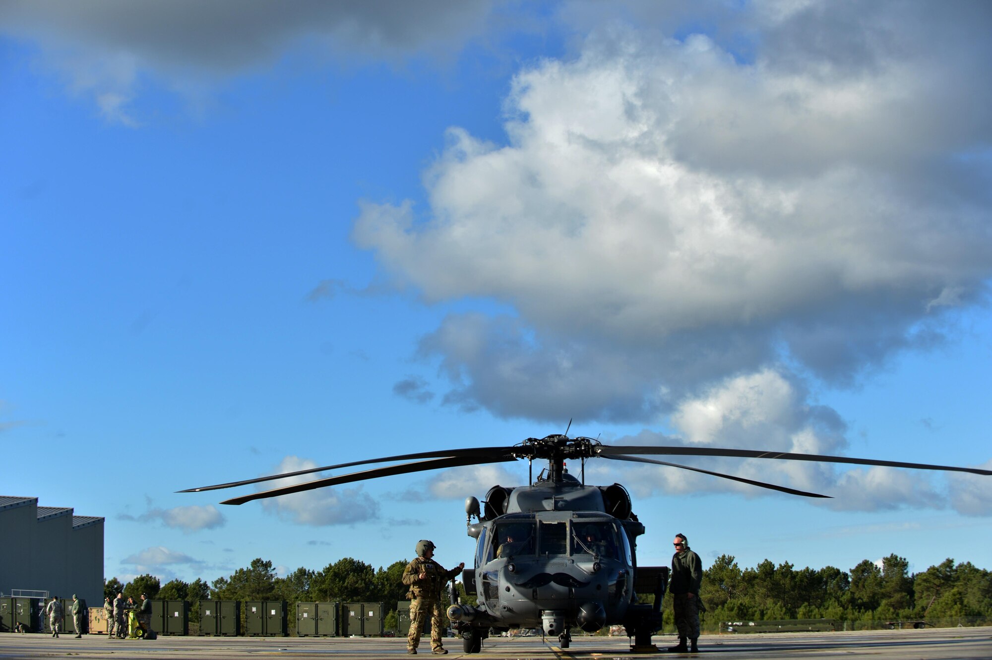 Aircrew from the 56th and 57th Rescue squadron prepare an HH-60G Pave Hawk for takeoff Nov. 7 prior to a flying mission Exercise Salamander at Cazaux Air Force Base, France. The exercise in an opportunity for U.S. Air Force HH-60G aircrew, Guardian Angel teams and maintenance Airmen to hone their skills in a dynamic environment and prepare for future combat operations. (U.S. Air Force photo/Master Sgt. Eric Burks)