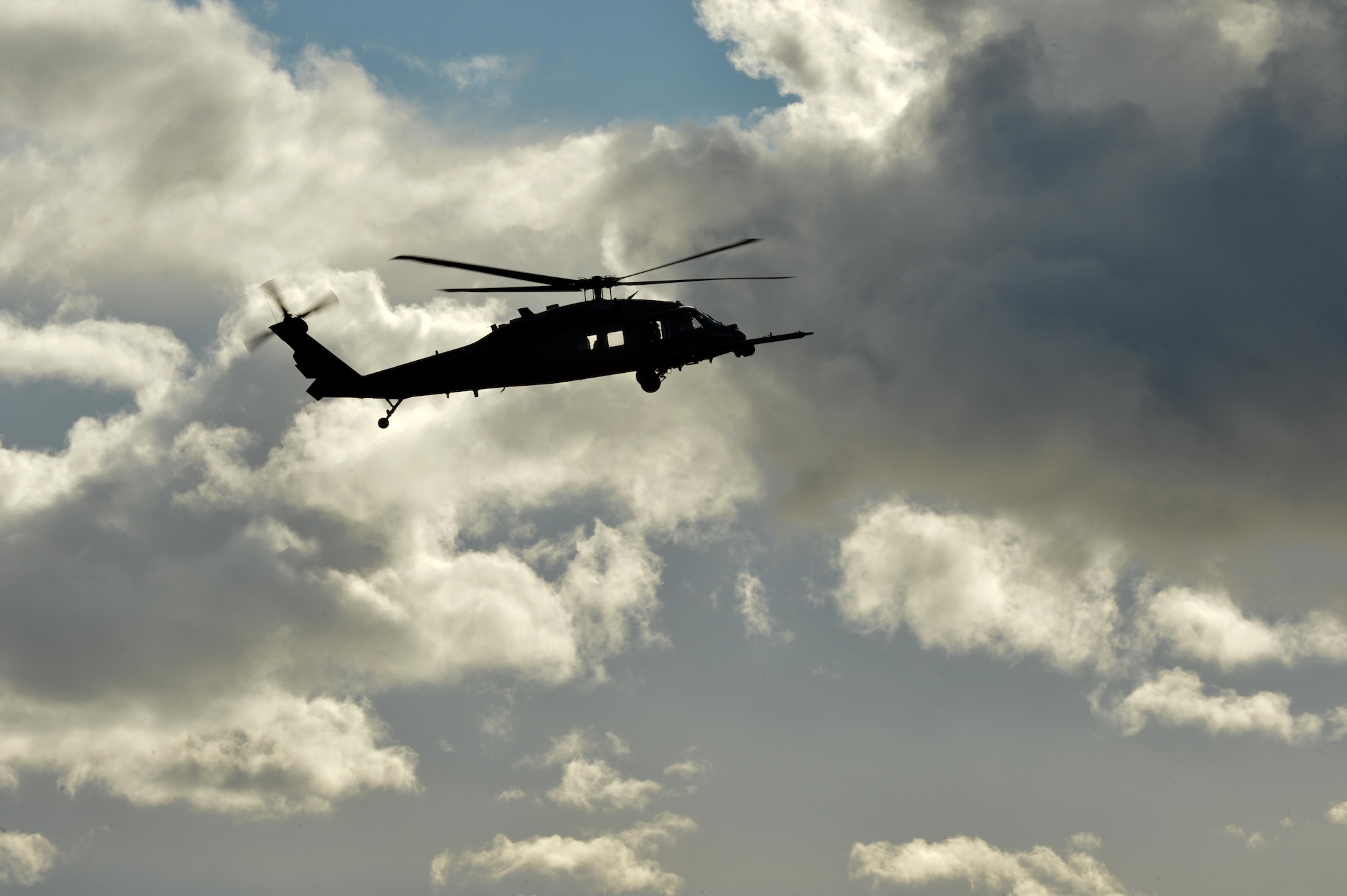 A U.S. Air Force HH-60G Pave Hawk assigned to the 56th Rescue Squadron at Royal Air Force Lakenheath, England, flies over Cazaux Air Force Base, France, Nov. 7 during Exercise Salamander. Participation in joint exercises allows U.S. forces to bolster relationships and interoperability with international partners. (U.S. Air Force photo/Master Sgt. Eric Burks)