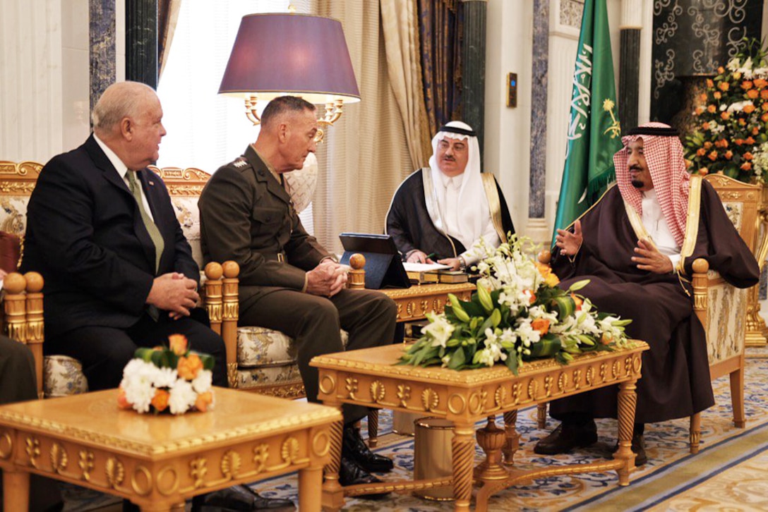 Marine Corps Gen. Joe Dunford meets with King Salman bin Abdulaziz al-Saud in Riyadh, Saudi Arabia, Nov. 8, 2016. Dunford is traveling to Turkey and Saudi Arabia to discuss counter-ISIL efforts. DoD photo by D. Myles Cullen