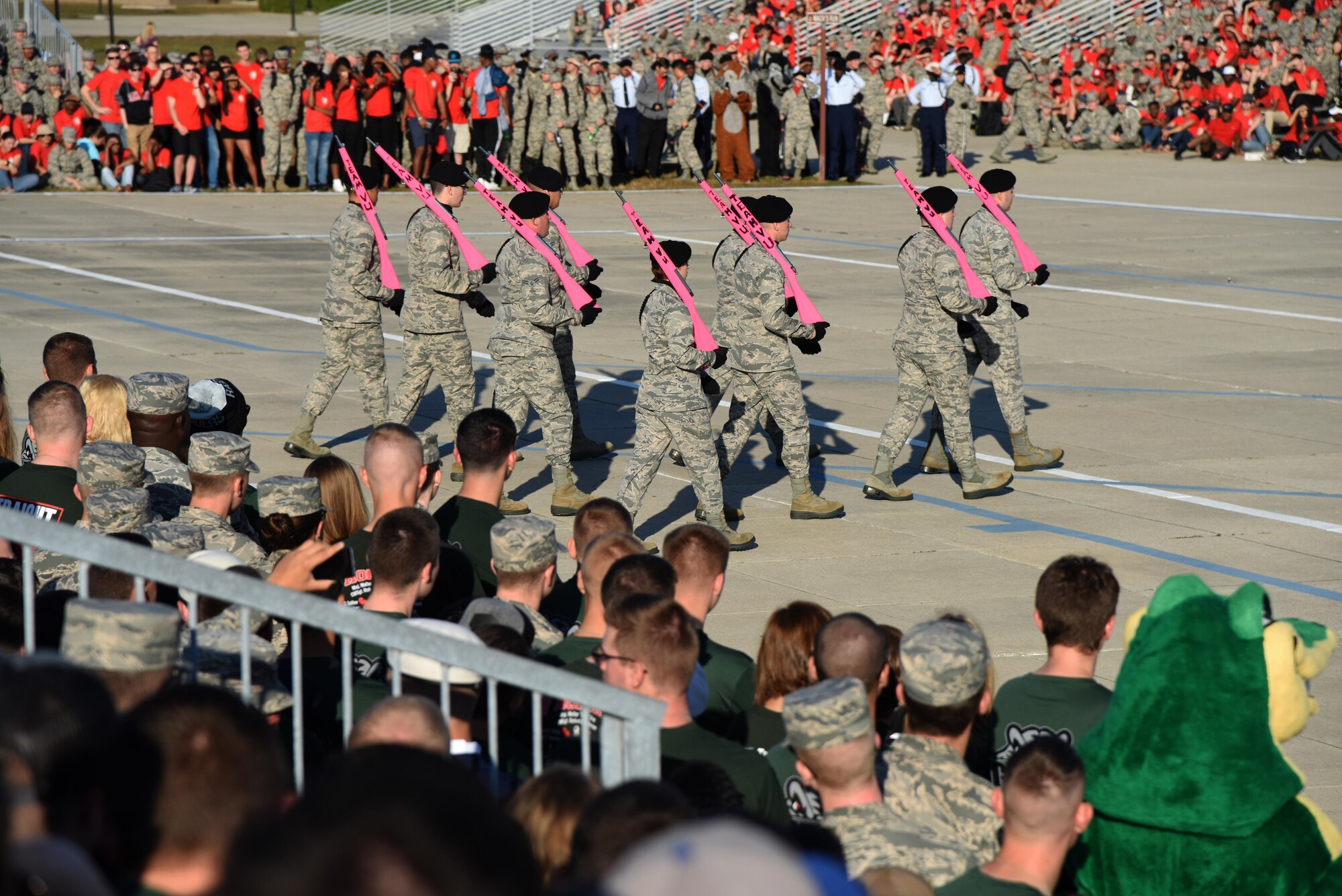 Members of the 334th Training Squadron freestyle drill team perform during the 81st Training Group drill down at the Levitow Training Support Facility drill pad Nov. 4, 2016, on Keesler Air Force Base, Miss. The quarterly drill down featured an open ranks inspection, regulation drill routine and freestyle drill routine categories. The 81st TRG’s four non-prior service training squadrons competed in the competition, with the 334th TRS “Gators” taking home the overall first place. (U.S. Air Force photo by Kemberly Groue/Released)