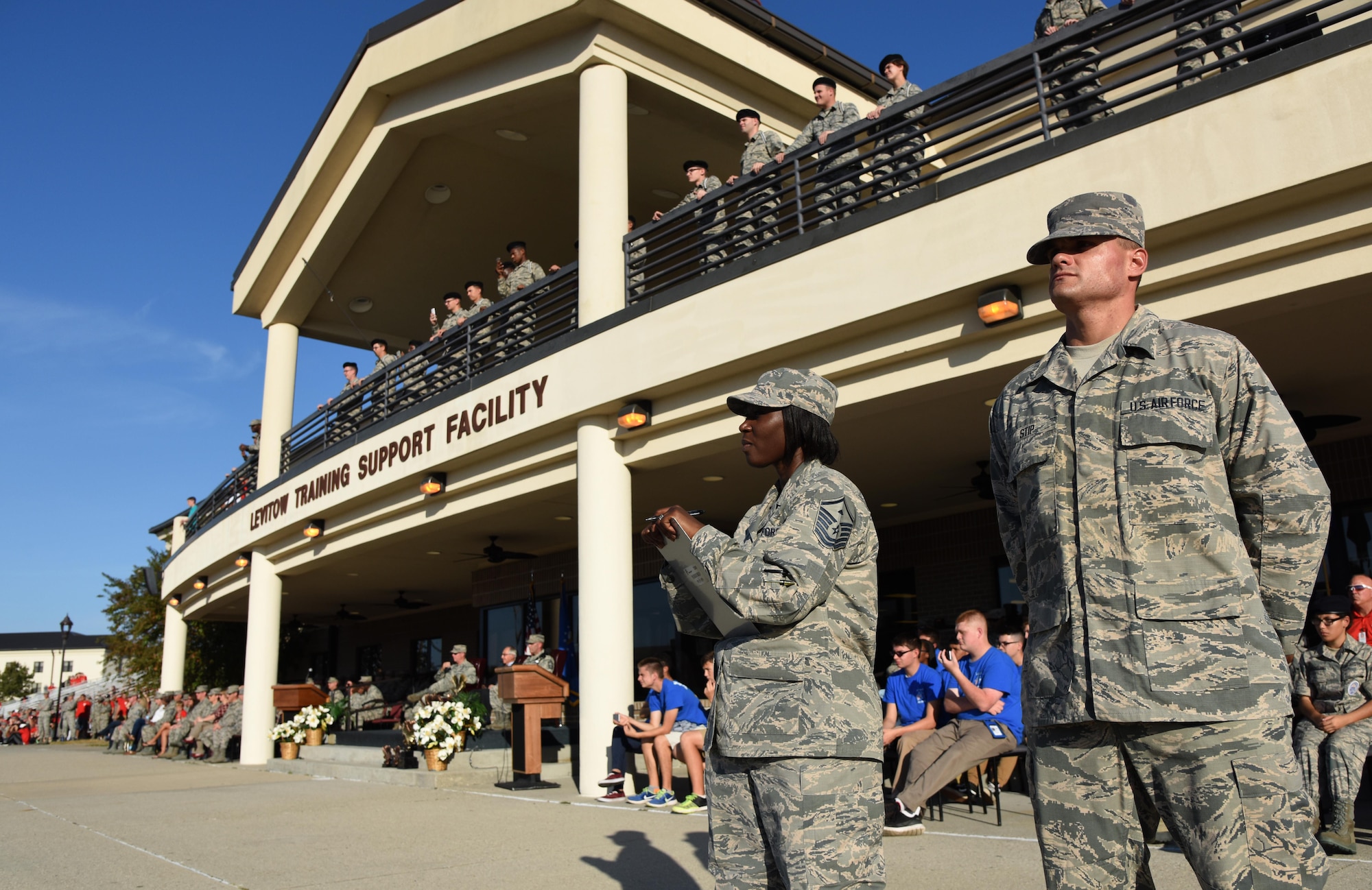 Master Sgt. Audrey McCoy, 81st Diagnostic and Therapeutics Squadron first sergeant, serves as a judge while Airman Basic Scott Stip, 338th Training Squadron student, stands by during the 81st Training Group drill down at the Levitow Training Support Facility drill pad Nov. 4, 2016, on Keesler Air Force Base, Miss. The quarterly drill down featured an open ranks inspection, regulation drill routine and freestyle drill routine categories. The 81st TRG’s four non-prior service training squadrons competed in the competition, with the 334th TRS “Gators” taking home the overall first place. (U.S. Air Force photo by Kemberly Groue/Released)
