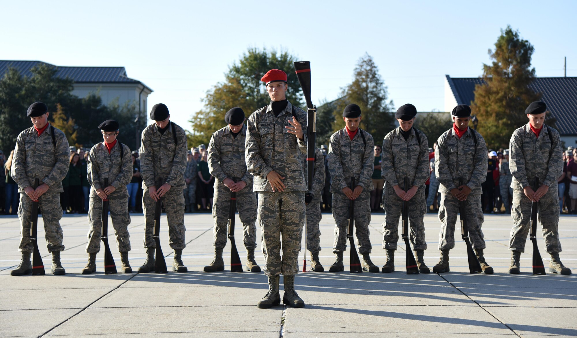 Members of the 336th Training Squadron freestyle drill team perform during the 81st Training Group drill down at the Levitow Training Support Facility drill pad Nov. 4, 2016, on Keesler Air Force Base, Miss. The quarterly drill down featured an open ranks inspection, regulation drill routine and freestyle drill routine categories. The 81st TRG’s four non-prior service training squadrons competed in the competition, with the 334th TRS “Gators” taking home the overall first place. (U.S. Air Force photo by Kemberly Groue/Released)