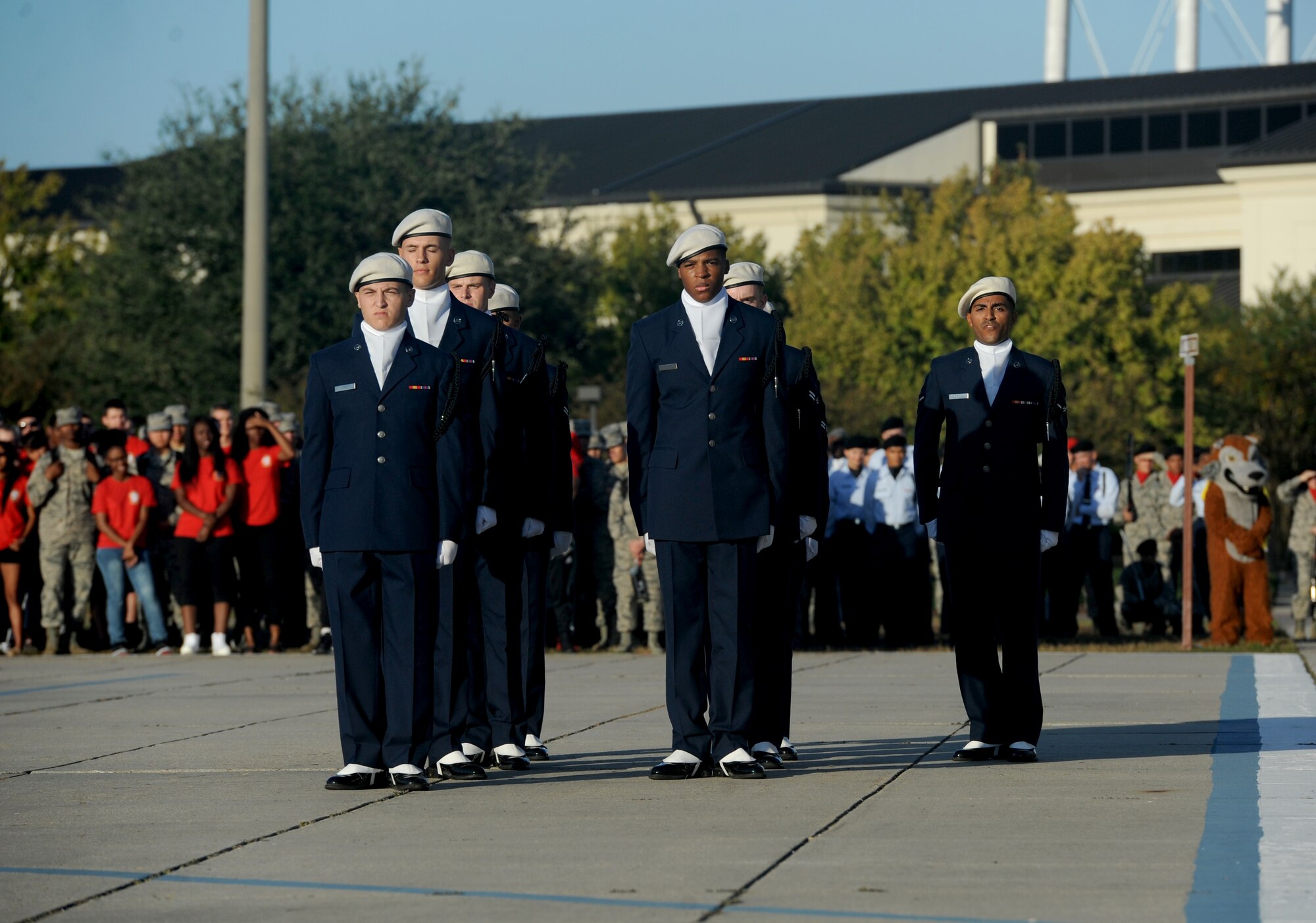 Members of the 334th Training Squadron regulation drill team perform during the 81st Training Group drill down at the Levitow Training Support Facility drill pad Nov. 4, 2016, on Keesler Air Force Base, Miss. The quarterly drill down featured an open ranks inspection, regulation drill routine and freestyle drill routine categories. The 81st TRG’s four non-prior service training squadrons competed in the competition, with the 334th TRS “Gators” taking home the overall first place. (U.S. Air Force photo by Kemberly Groue/Released)
