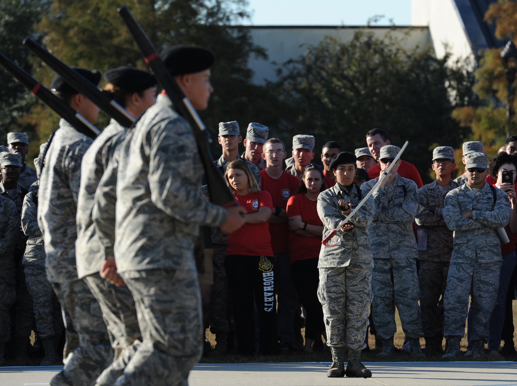 Airman Basic Sierra Guitron, 336th Training Squadron freestyle drill team member, spins a sword during the 81st Training Group drill down at the Levitow Training Support Facility drill pad Nov. 4, 2016, on Keesler Air Force Base, Miss. The quarterly drill down featured an open ranks inspection, regulation drill routine and freestyle drill routine categories. The 81st TRG’s four non-prior service training squadrons competed in the competition, with the 334th TRS “Gators” taking home the overall first place. (U.S. Air Force photo by Kemberly Groue/Released)