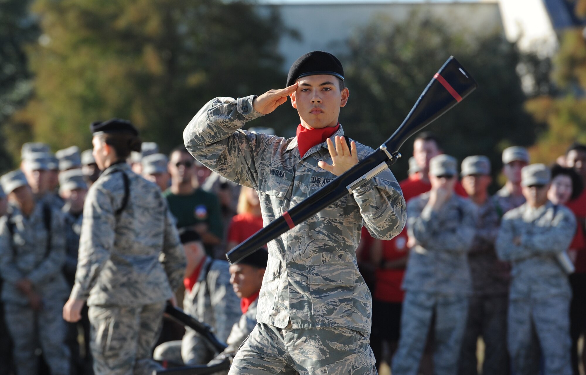 Airman Basic Clayton Quintana, 336th Training Squadron freestyle drill team member, spins a rifle during the 81st Training Group drill down at the Levitow Training Support Facility drill pad Nov. 4, 2016, on Keesler Air Force Base, Miss. The quarterly drill down featured an open ranks inspection, regulation drill routine and freestyle drill routine categories. The 81st TRG’s four non-prior service training squadrons competed in the competition, with the 334th TRS “Gators” taking home the overall first place. (U.S. Air Force photo by Kemberly Groue/Released)