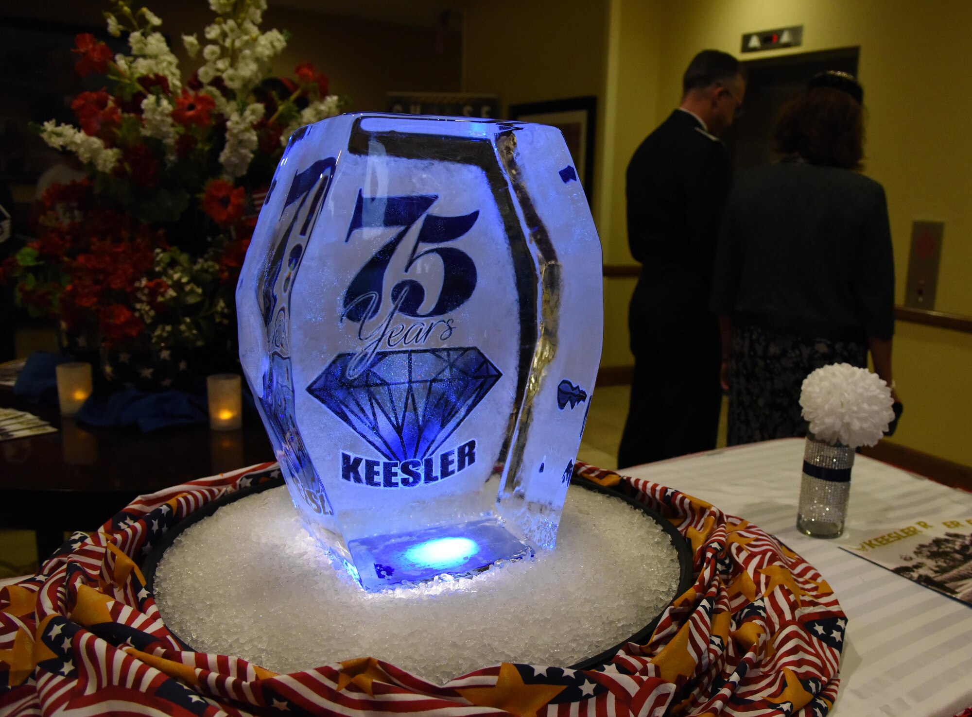 An ice sculpture sits on display in the Bay Breeze Event Center during the installation’s 75th Anniversary Gala Nov. 4, 2016, on Keesler Air Force Base, Miss. The celebration commemorated Keesler’s 75 years of history with historical displays, throwback trivia, musical and dance performances and recognition of family members of Lt. Samuel Keesler, Jr. (U.S. Air Force photo by Kemberly Groue/Released)