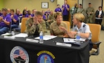 (From left) The local senior leadership panel of Army Lt. Gen. Jeffrey S. Buchanan, U.S. Army North commanding general and Senior Army Commander of Joint Base San Antonio-Fort Sam Houston and JBSA-Camp Bullis; Navy Rear Adm. Rebecca McCormick-Boyle, commander, Navy Medicine Education and Training Command; and Air Force Brig. Gen. Heather L. Pringle, commander, 502nd Air Base Wing and Joint Base San Antonio, discuss the issues presented amongst each other Nov. 3. 