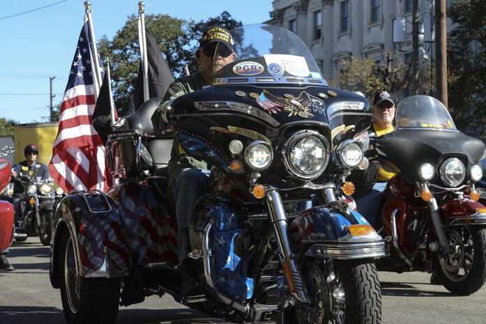 Local motorcycle community members ride in support of military veterans during the Veterans Day parade in Charleston, South Carolina, Oct. 6, 2016. Francis Bolds, United States Navy Retired Senior Chief Petty Officer and grand marshal, followed the motorcyclists in the parade.
