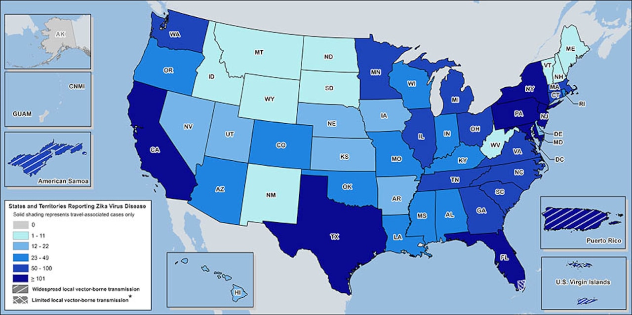 Laboratory-confirmed Zika virus disease cases reported to ArboNET by state or territory as of Nov. 2, 2016. ArboNET is a national surveillance system for arthropod-borne virus diseases in the United States, such as those from ticks and mosquitoes. Centers for Disease Control graphic