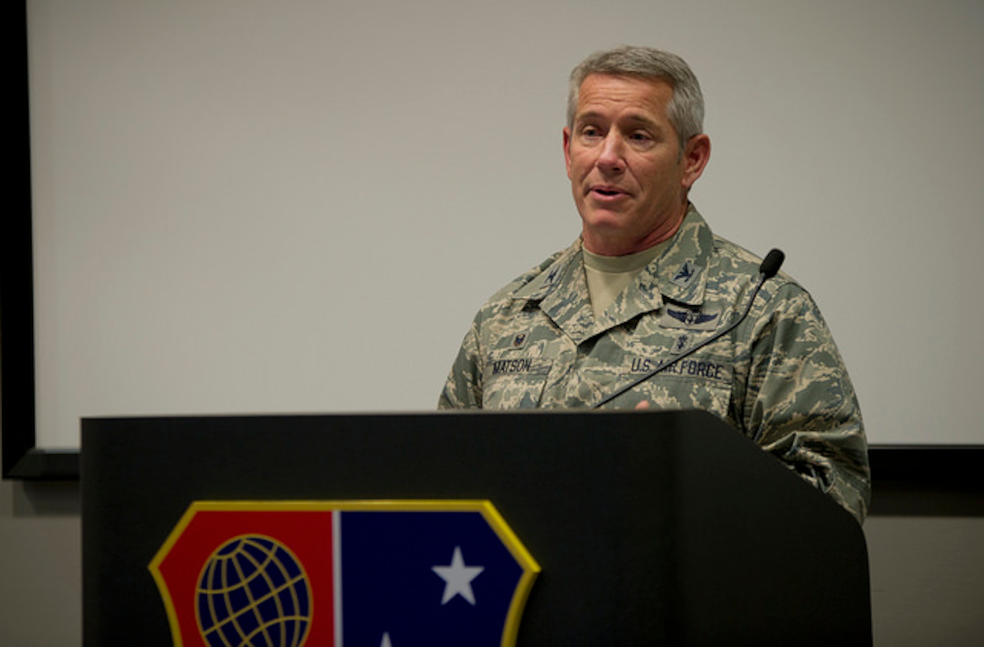 Col. Joseph Matson, 514th Aerospace Medicine Squadron commander, speaks at the squadron's assumption of command ceremony here, Nov. 5. Matson is returning to his position as the 514th AMDS commander after commanding the 439th Air Mobility Wing's Aeromedical Evacuation Squadron. 