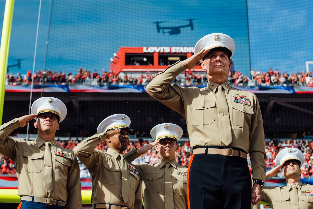 Lieutenant General Rex C. McMillian, commander of Marine Forces Reserve and Marine Forces Northern Command, salutes alongside fellow Marines, during the singing of the national anthem, while attending the opening ceremony of the San Francisco 49ers’ game against the New Orleans Saints at Levi’s Stadium, Nov. 6, 2016.  McMillian was the National Football League’s guest of honor at the game as part of its “Salute to Service” campaign.  Today, approximately 500 Reserve Marines are providing fully integrated operational support to Fleet and Combatant Commanders around the world.  For more information on the history and heritage of the Marine Corps Reserve as well as current Marine stories and upcoming Centennial events, please visit www.marines.mil/usmcr100. (U.S. Marine Corps photo by Lance Cpl. Dallas Johnson)