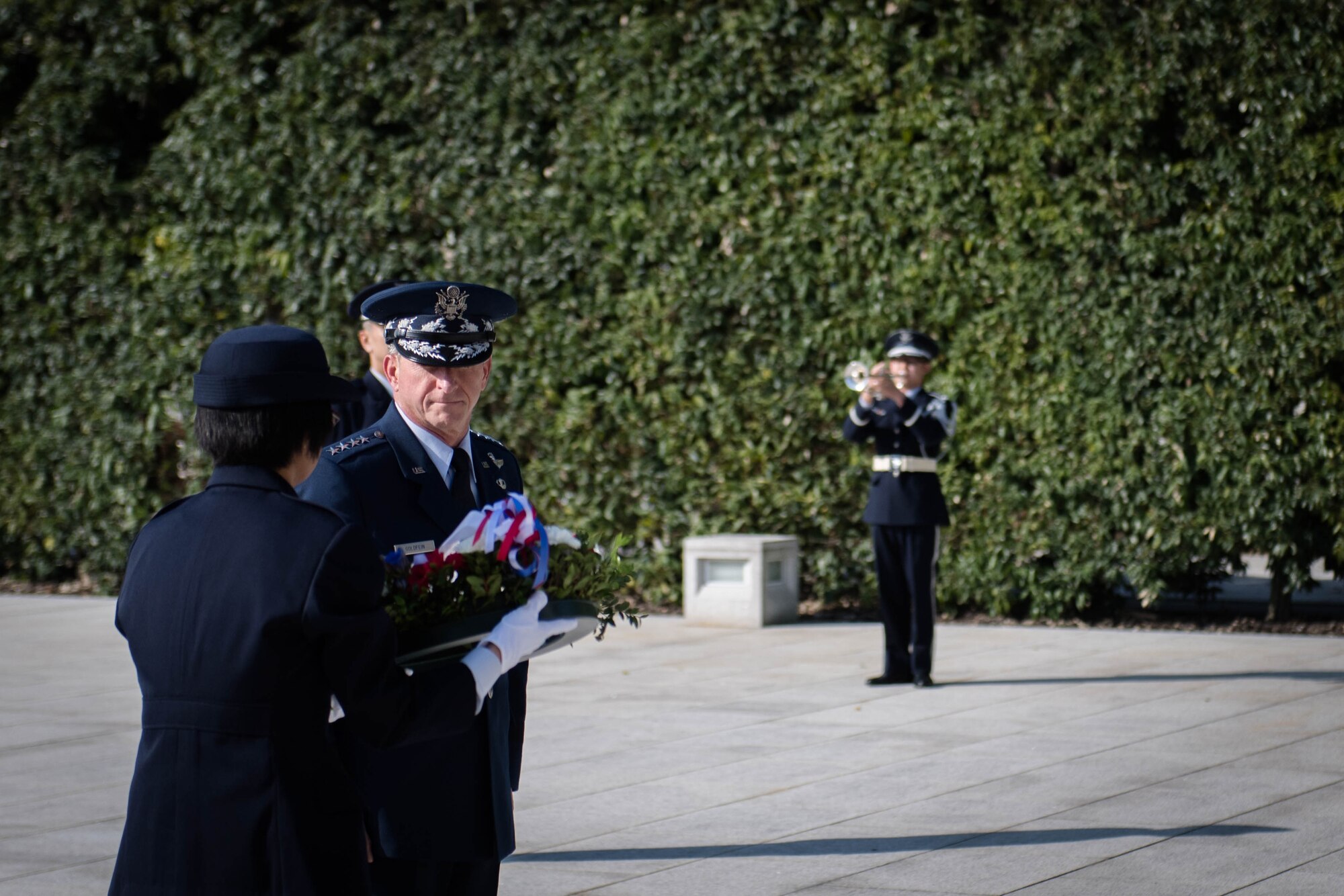 U.S. Air Force Chief of Staff Gen. David L. Goldfein prepares to lay a wreath at a memorial for fallen members of Japan Self-Defense Forces at the Ministry of Defense in Tokyo, Japan, 7 Nov. 2016. As part of his first visit to the region as Air Force chief of staff, Goldfein met with leaders of the Japanese government and Japan Air Self-Defense Forces.(U.S. Air Force photo by Staff Sgt. Michael Smith/Released)
