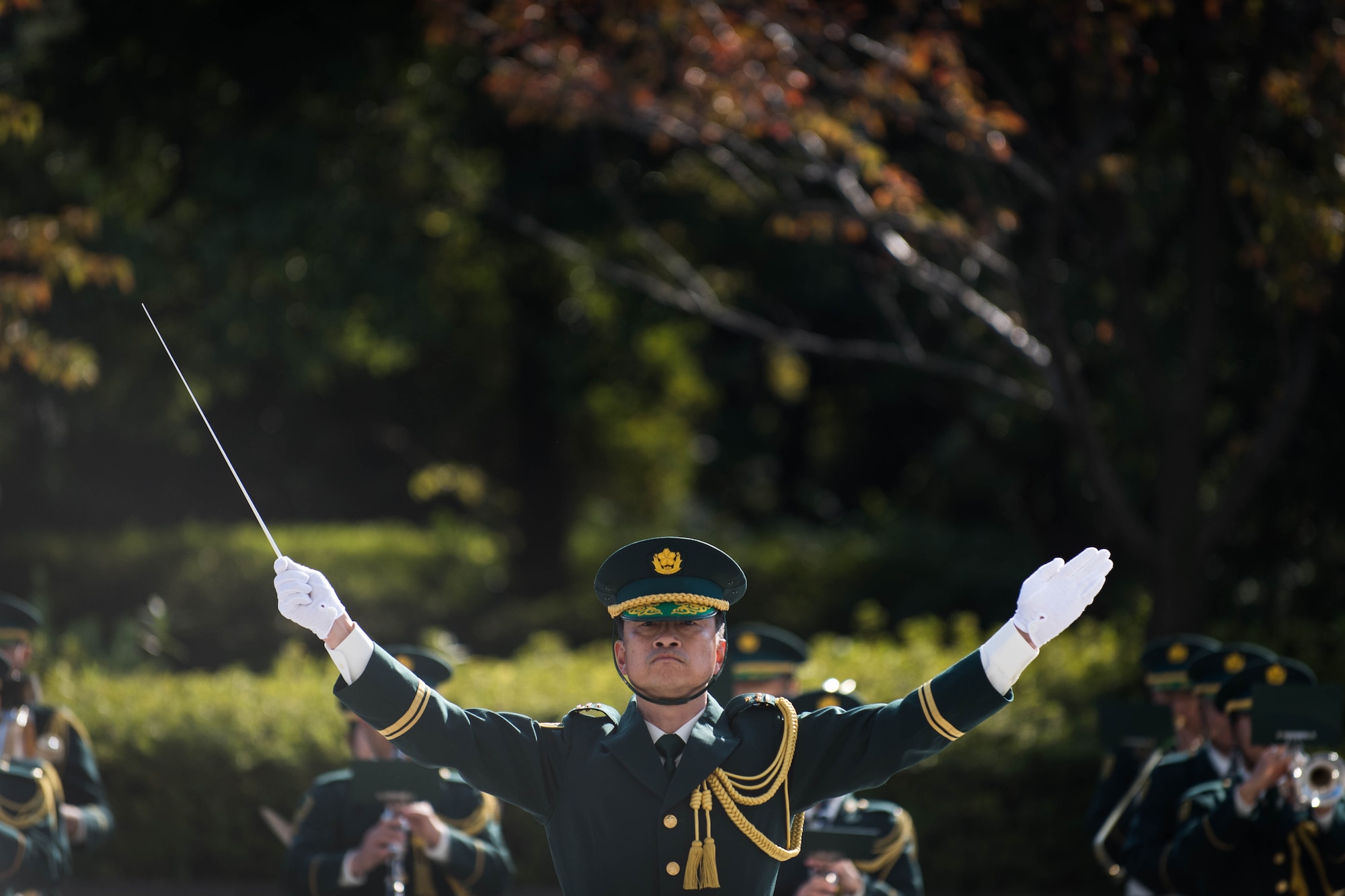 Members of the Japan Ground Self-Defense Force Honor Guard Band perform the Star-Spangled Banner at the Ministry of Defense in Tokyo, Japan, 7 Nov. 2016. The JGSDF held a welcoming ceremony for U.S. Air Force Chief of Staff Gen. David L. Goldfein as part of his first visit to the region as Air Force chief of staff. (U.S. Air Force photo by Staff Sgt. Michael Smith/Released) 
