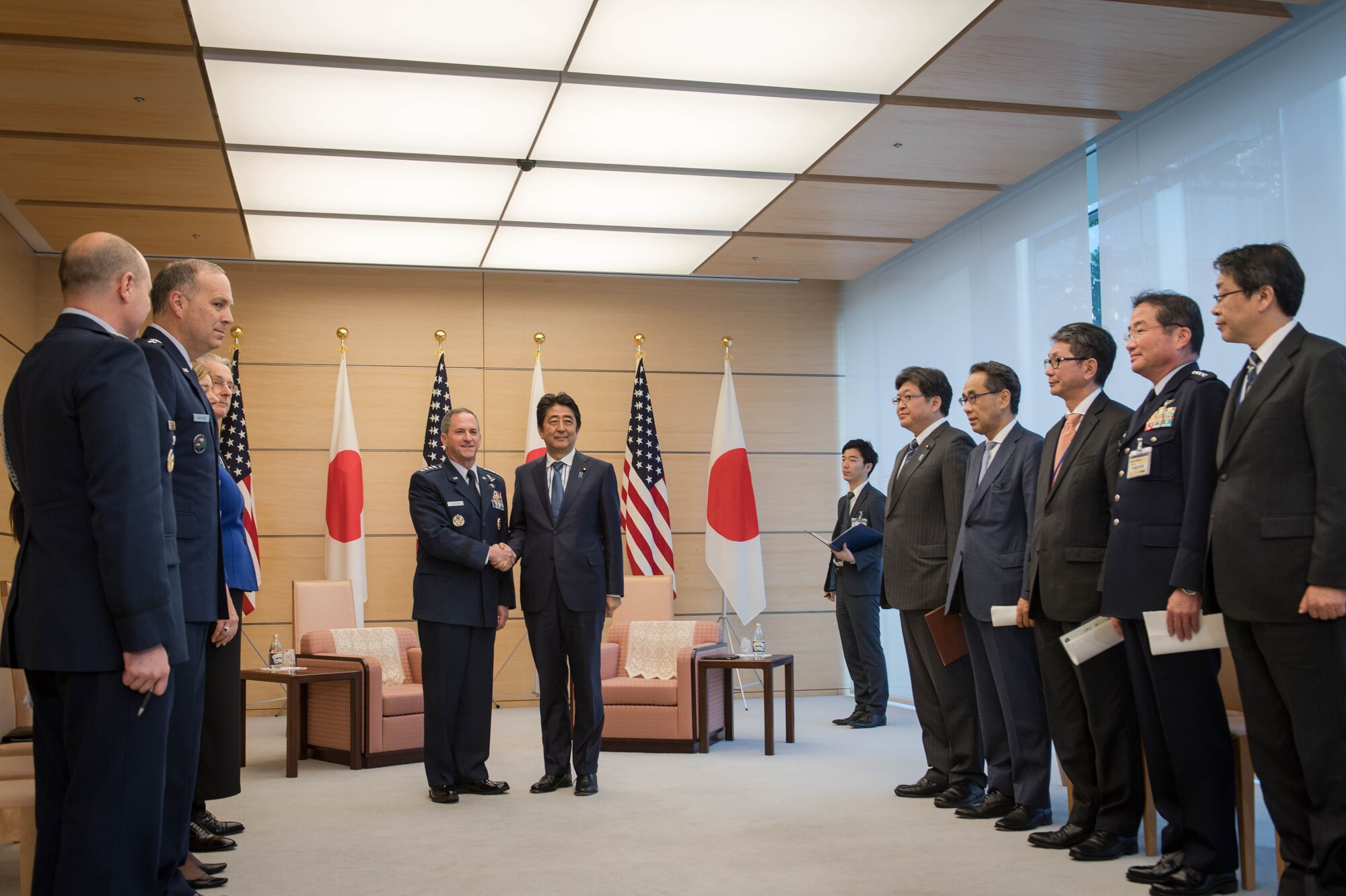 U.S. Air Force Chief of Staff Gen. David L. Goldfein shakes hands with Shinzo Abe, Prime Minister of Japan, at the Prime Minister’s Official Residence in Tokyo, Japan, 7 Nov. 2016. (U.S. Air Force photo by Staff Sgt. Michael Smith/Released) 