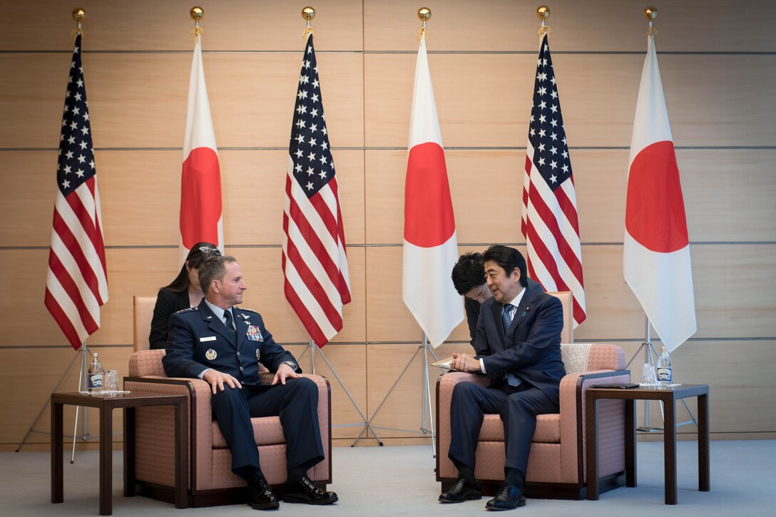 U.S. Air Force Chief of Staff Gen. David L. Goldfein speaks with Shinzo Abe, Prime Minister of Japan, at the Prime Minister’s Official Residence in Tokyo, Japan, 7 Nov. 2016. As part of his first visit to the region as Air Force chief of staff, Goldfein expressed his gratitude for the warm welcome and spoke about the importance of the strong U.S., Japan alliance. (U.S. Air Force photo by Staff Sgt. Michael Smith/Released)
