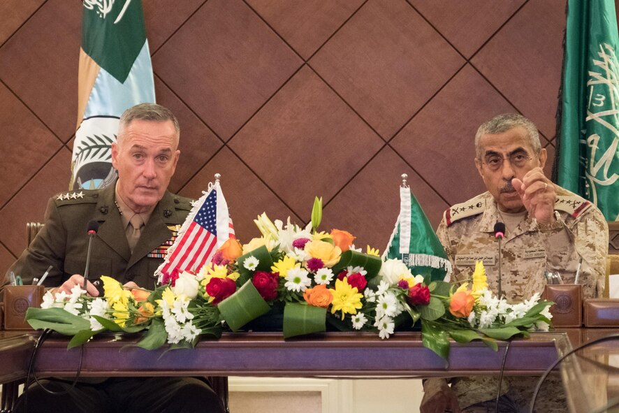 Marine Corps Gen. Joe Dunford, chairman of the Joint Chiefs of Staff, and his Saudi counterpart, Gen. Abdulrahman bin Salah Al-Banyan, meet with their staffs in Riyadh, Saudi Arabia.