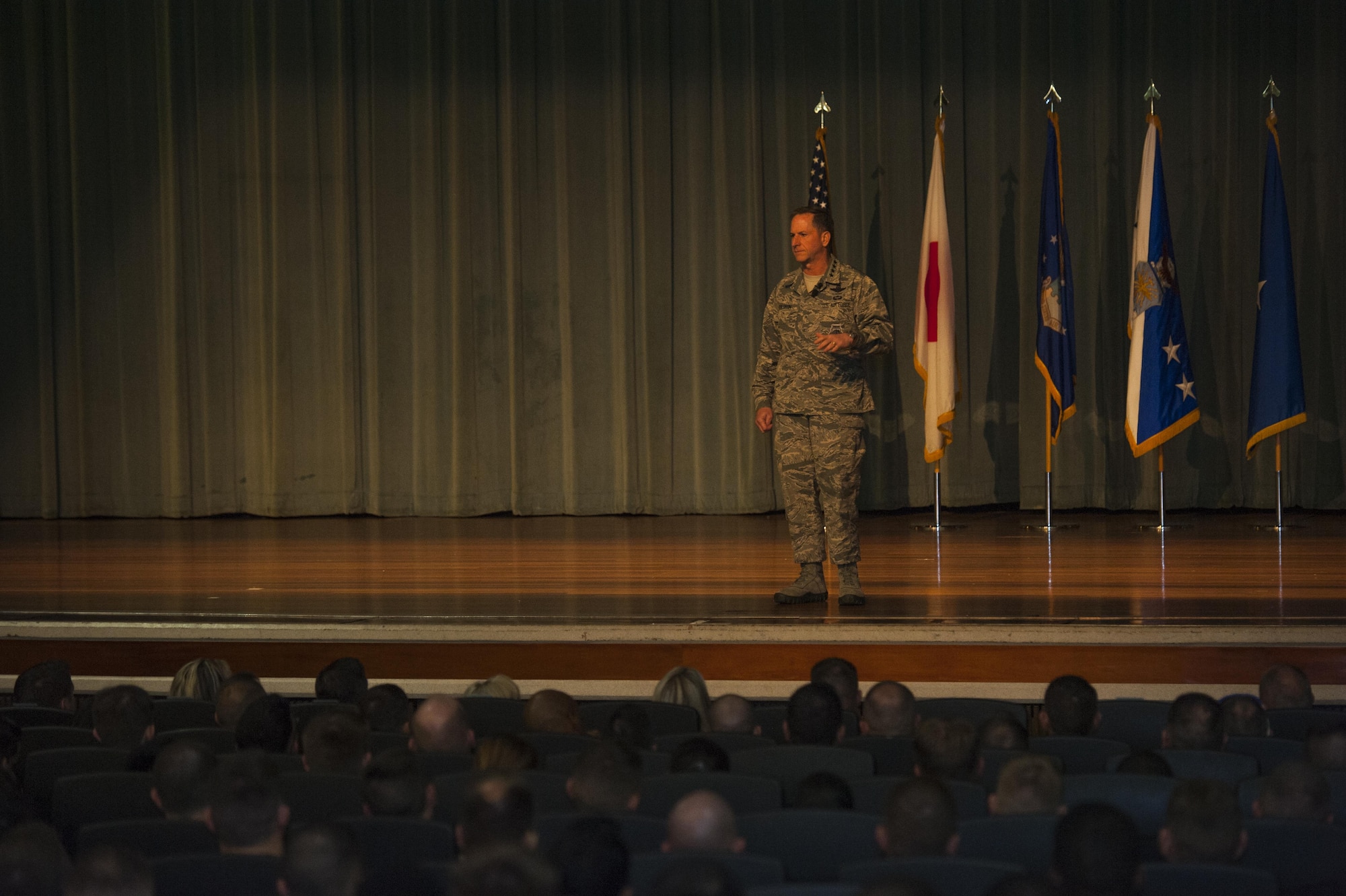 Air Force Chief of Staff Gen. Dave Goldfein conducts an all call Nov. 4, 2016, at Kadena Air Base, Japan. During the all call, Goldfein spoke to Airmen about his goals and vision for the Air Force as the Chief of Staff. (U.S. Air Force photo by Senior Airman Lynette M. Rolen)